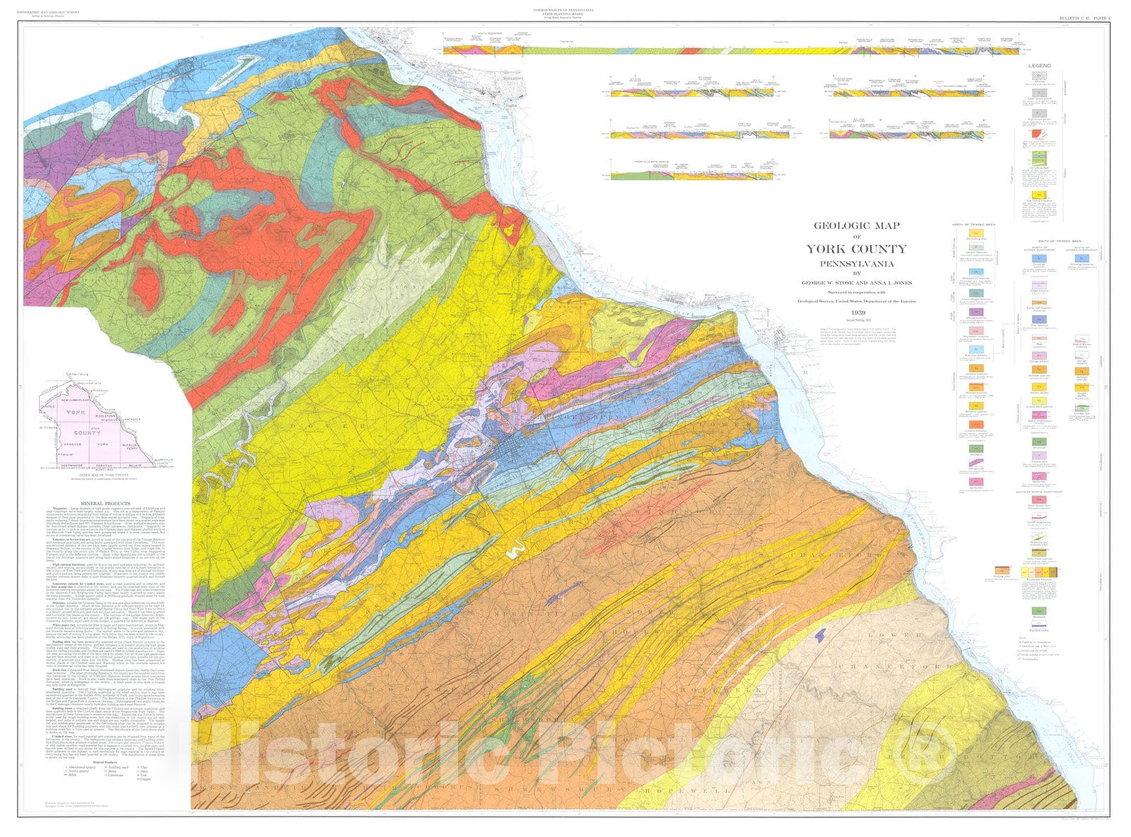 Map : Geology and mineral resources of York County, Pennsylvania, 1939 Cartography Wall Art :