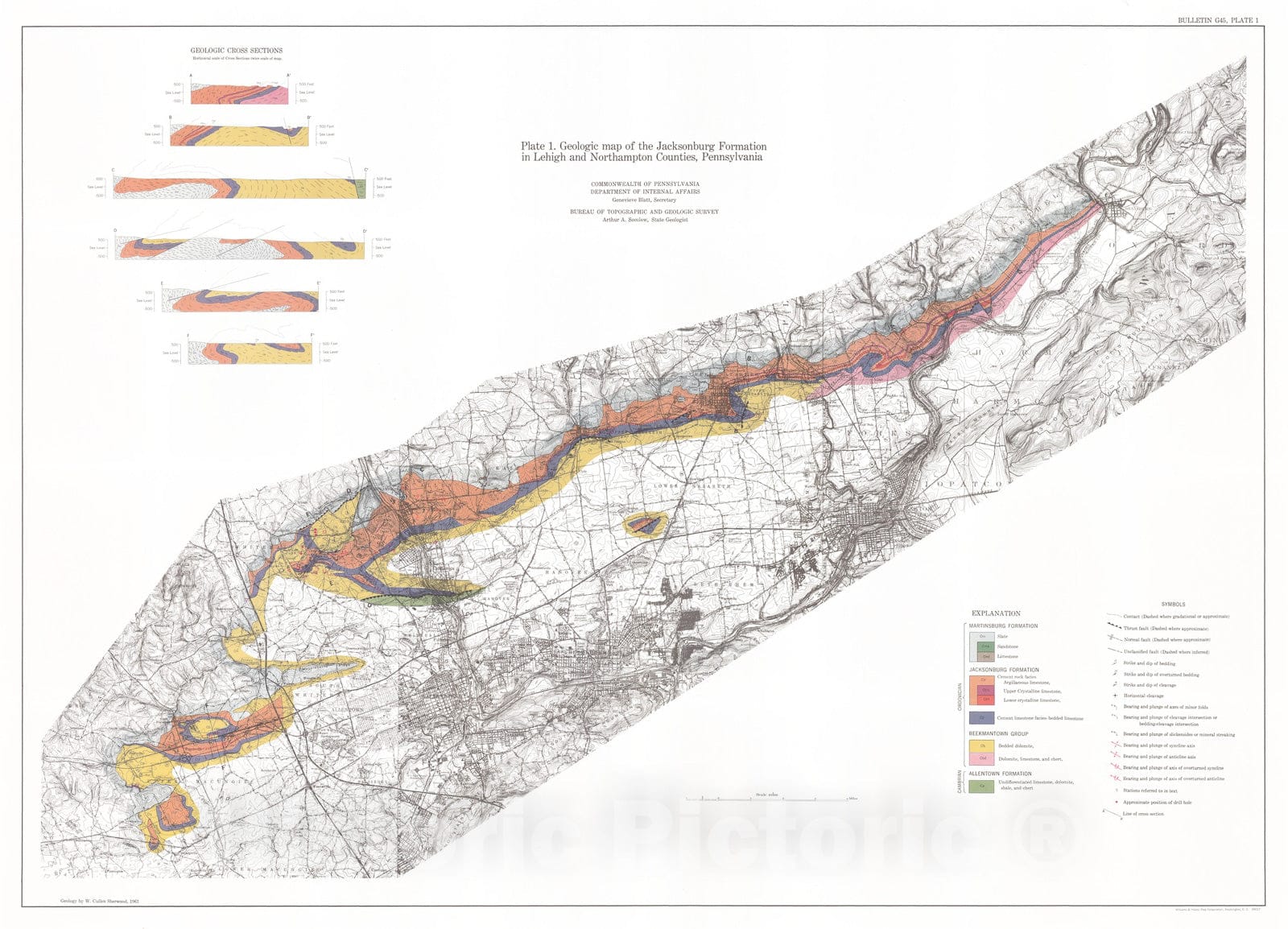 Map : Structure of the Jacksonburg Formation in Northampton and Lehigh Counties, Pennsylvania, 1964 Cartography Wall Art :