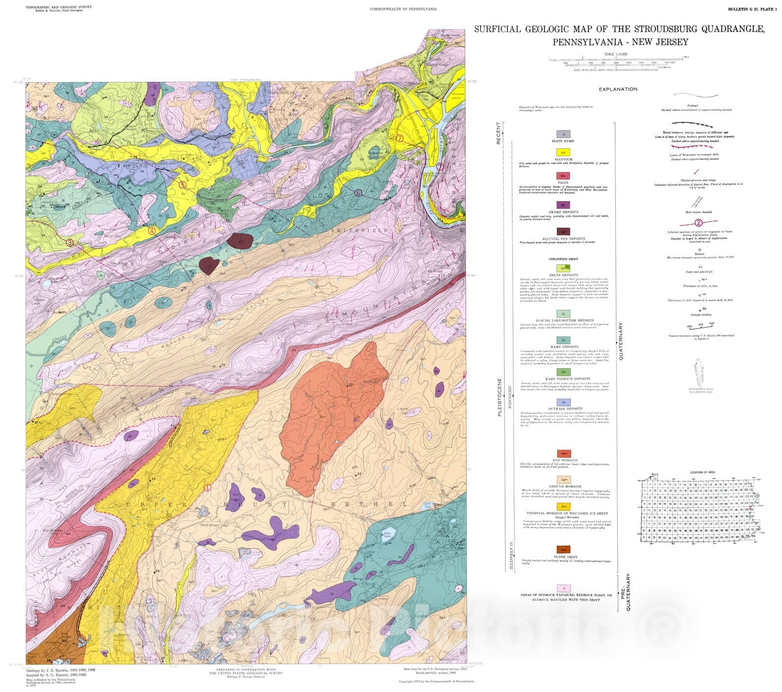 Map : Surficial geology of the Stroudsburg quadrangle, Pennsylvania-New Jersey, 1969 Cartography Wall Art :