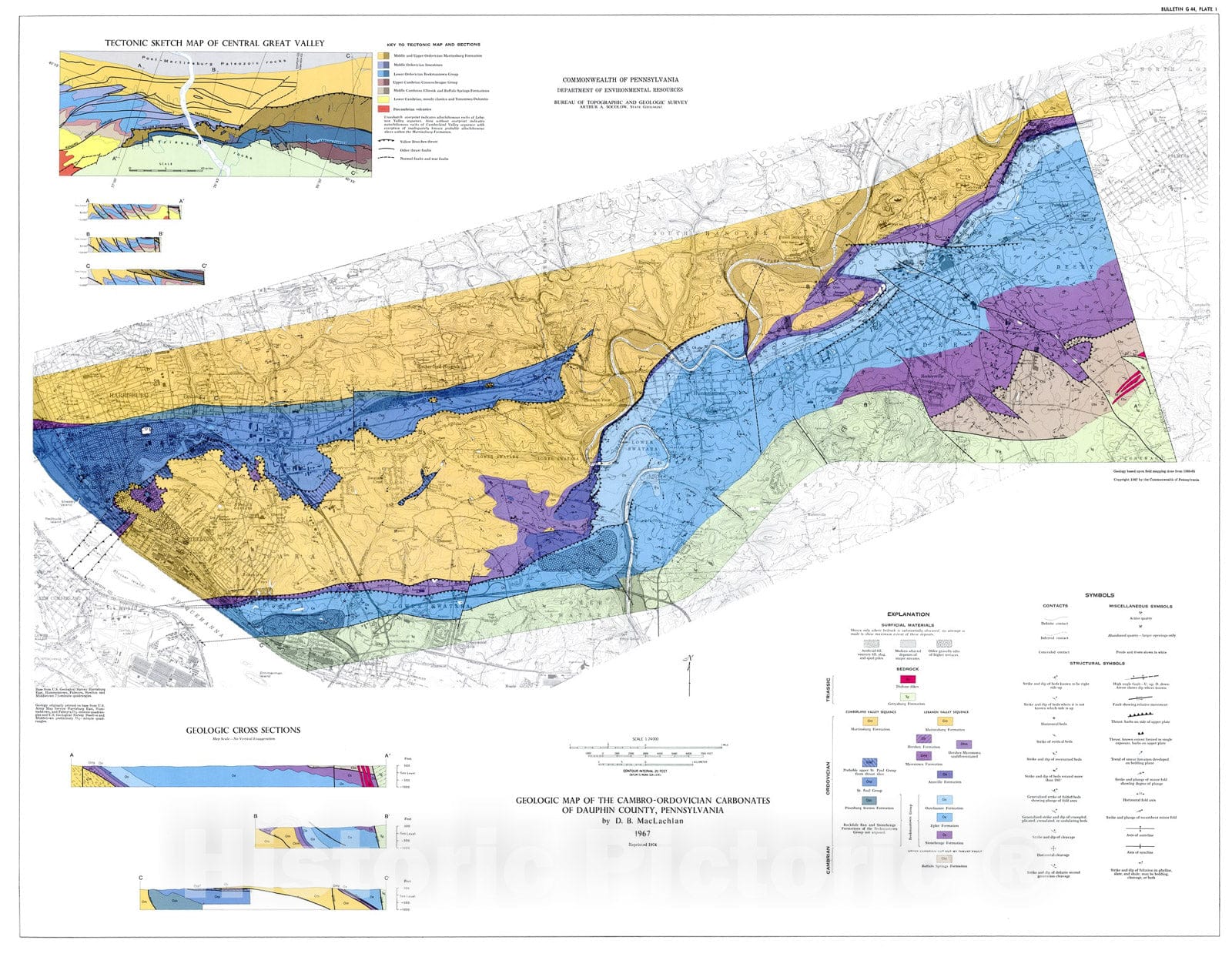 Map : Structure and stratigraphy of the limestones and dolomites of Dauphin County, Pennsylvania, 1967 Cartography Wall Art :