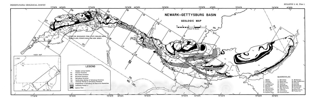Map : Provenance, dispersal, and depositional environments of Triassic sediments in the Newark-Gettysburg basin, 1966 Cartography Wall Art :