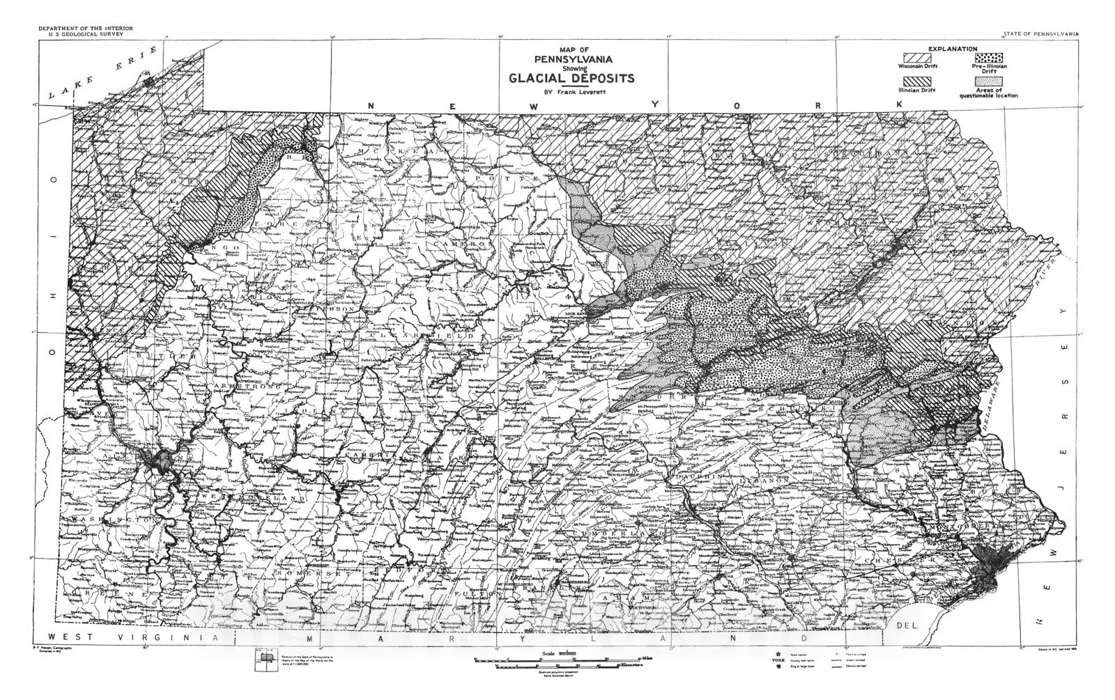 Map : Glacial deposits outside the Wisconsin terminal moraine in Pennsylvania, 1934 Cartography Wall Art :