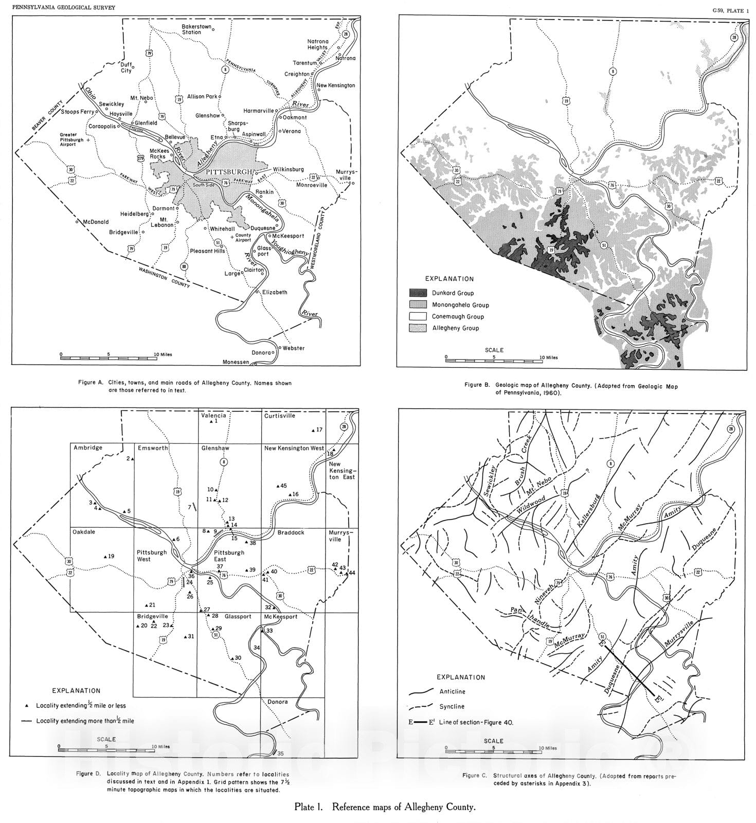 Map : Geology of the Pittsburgh area, 1970 Cartography Wall Art :