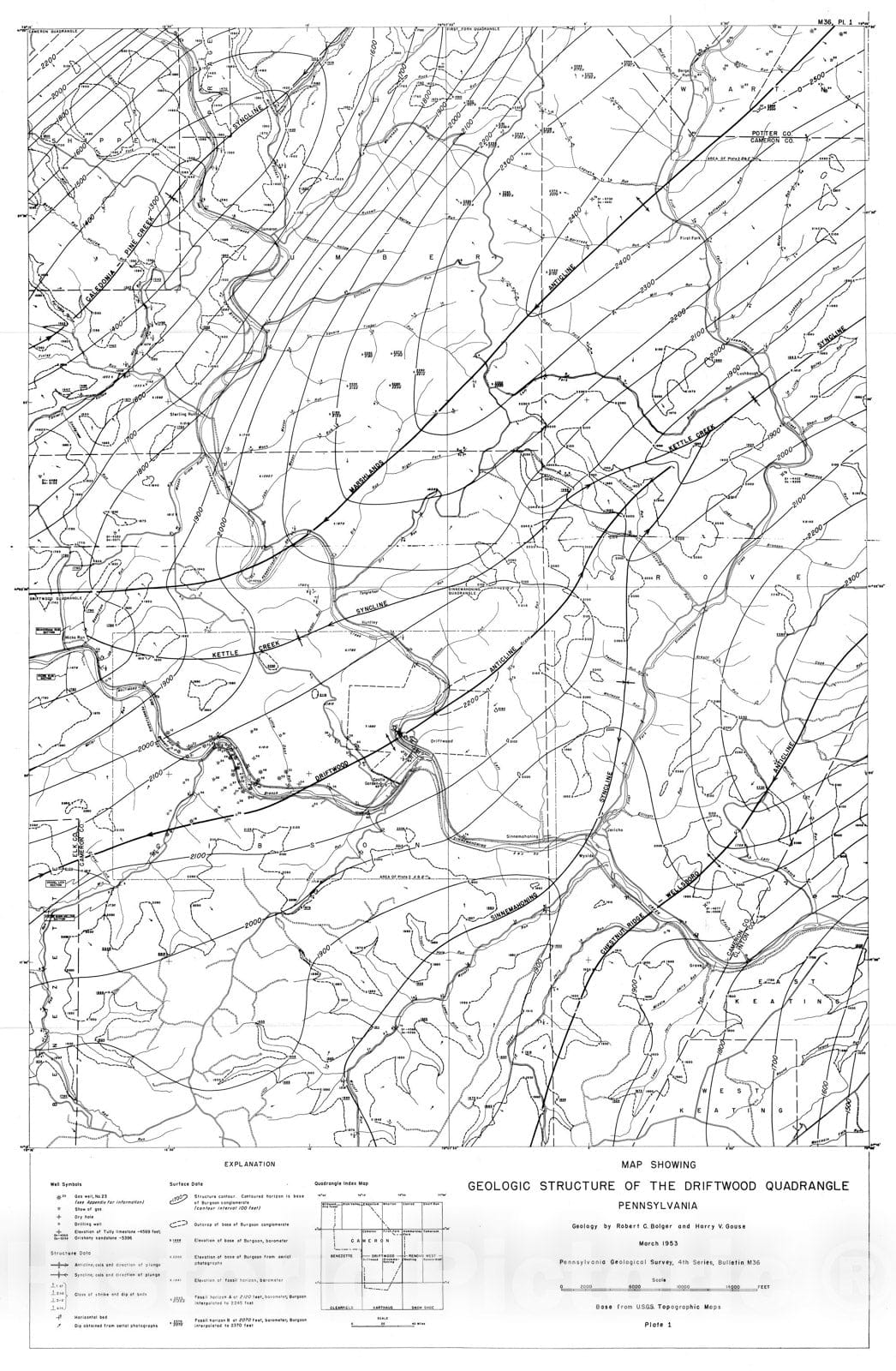 Map : Surface and subsurface structure of the Driftwood quadrangle, Pennsylvania, 1953 Cartography Wall Art :