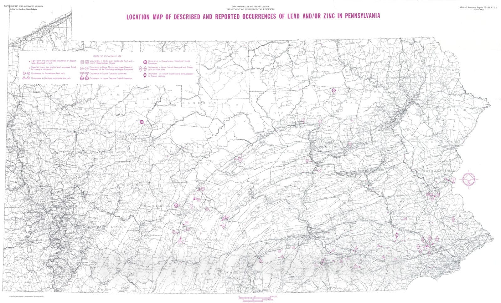 Map : Zinc and lead occurrences in Pennsylvania, 1977 Cartography Wall Art :