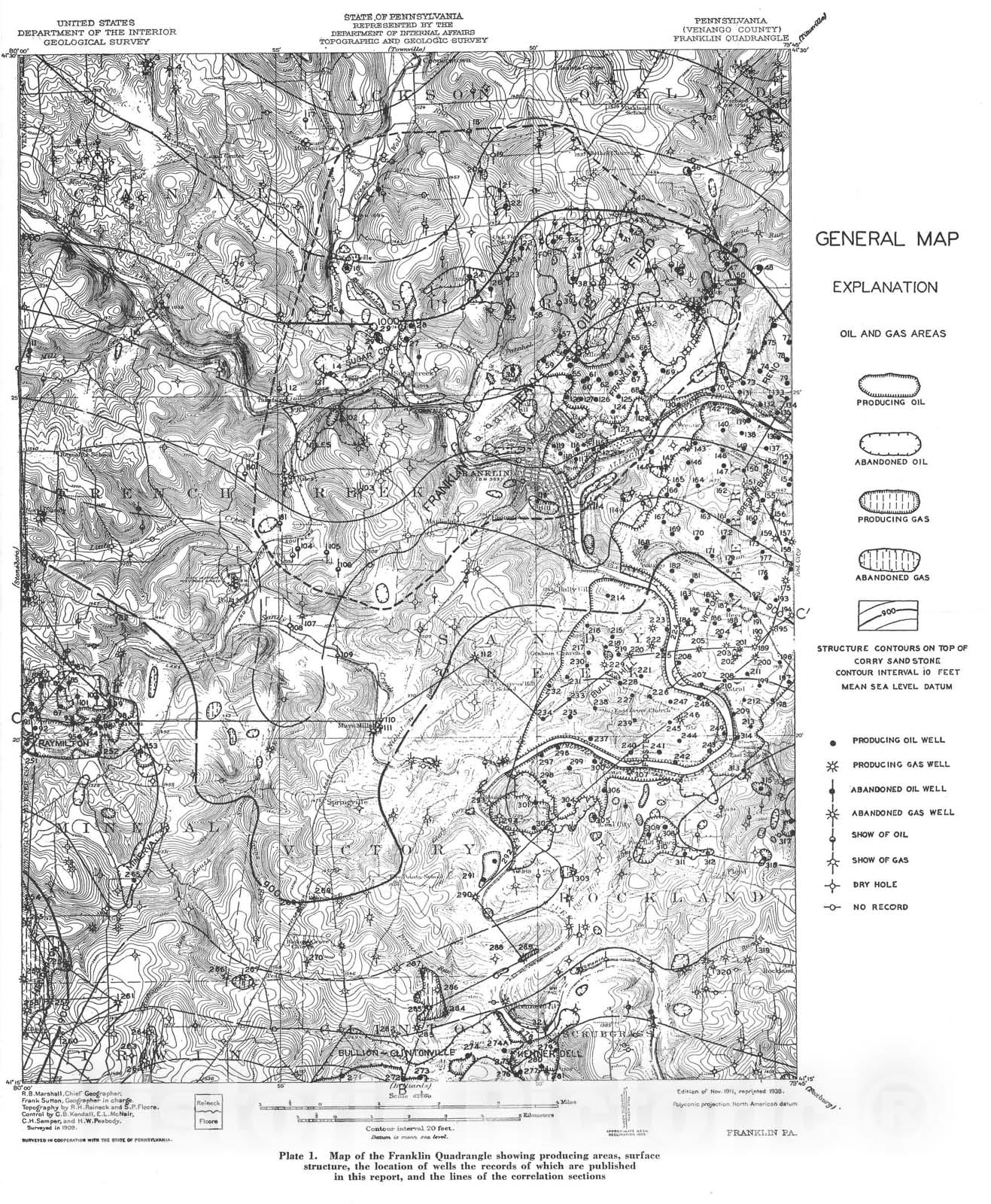 Map : Oil and gas geology of the Franklin quadrangle, Pennsylvania, 1941 Cartography Wall Art :