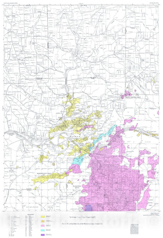Map : Oil and gas geology of the Warren quadrangle, Pennsylvania, 1965 Cartography Wall Art :