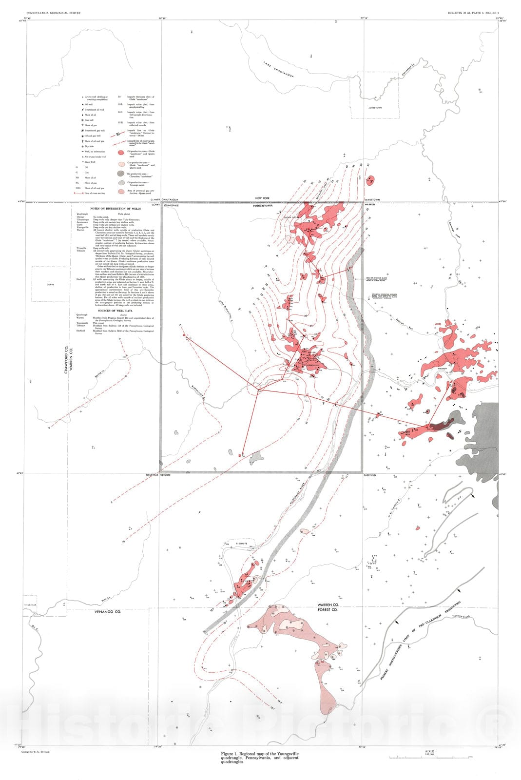 Map : Oil and gas geology of the Youngsville quadrangle, Pennsylvania, 1964 Cartography Wall Art :