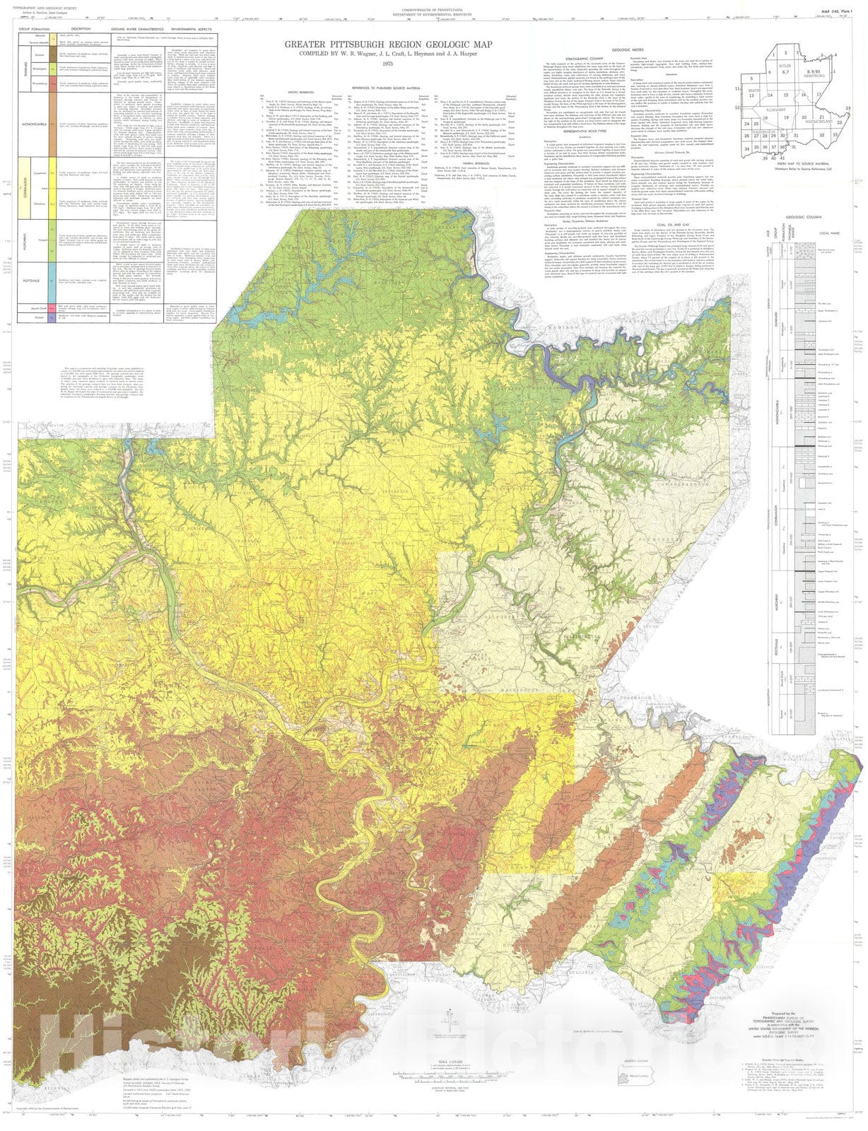 Map : Greater Pittsburgh region geologic map and cross sections, 1975 Cartography Wall Art :