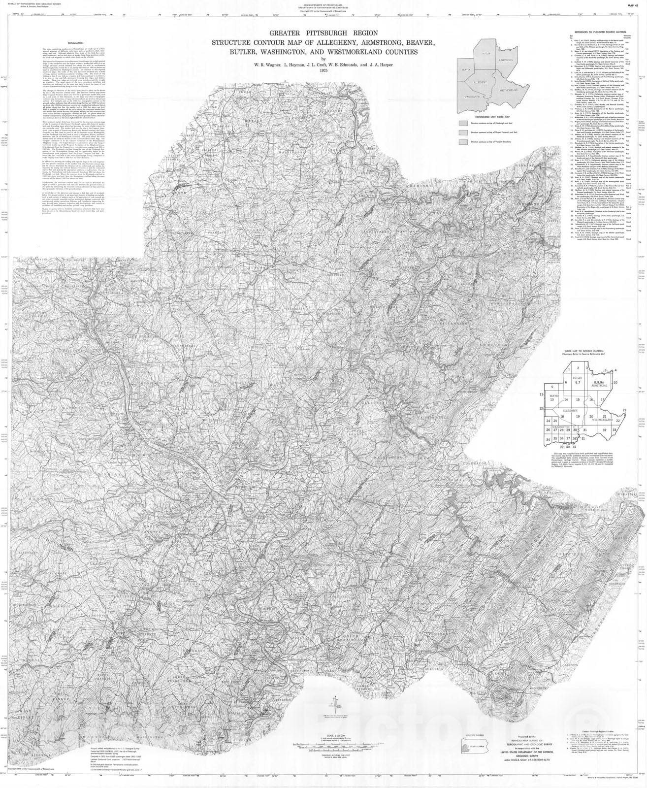 Map : Greater Pittsburgh region structure contour map, 1975 Cartography Wall Art :