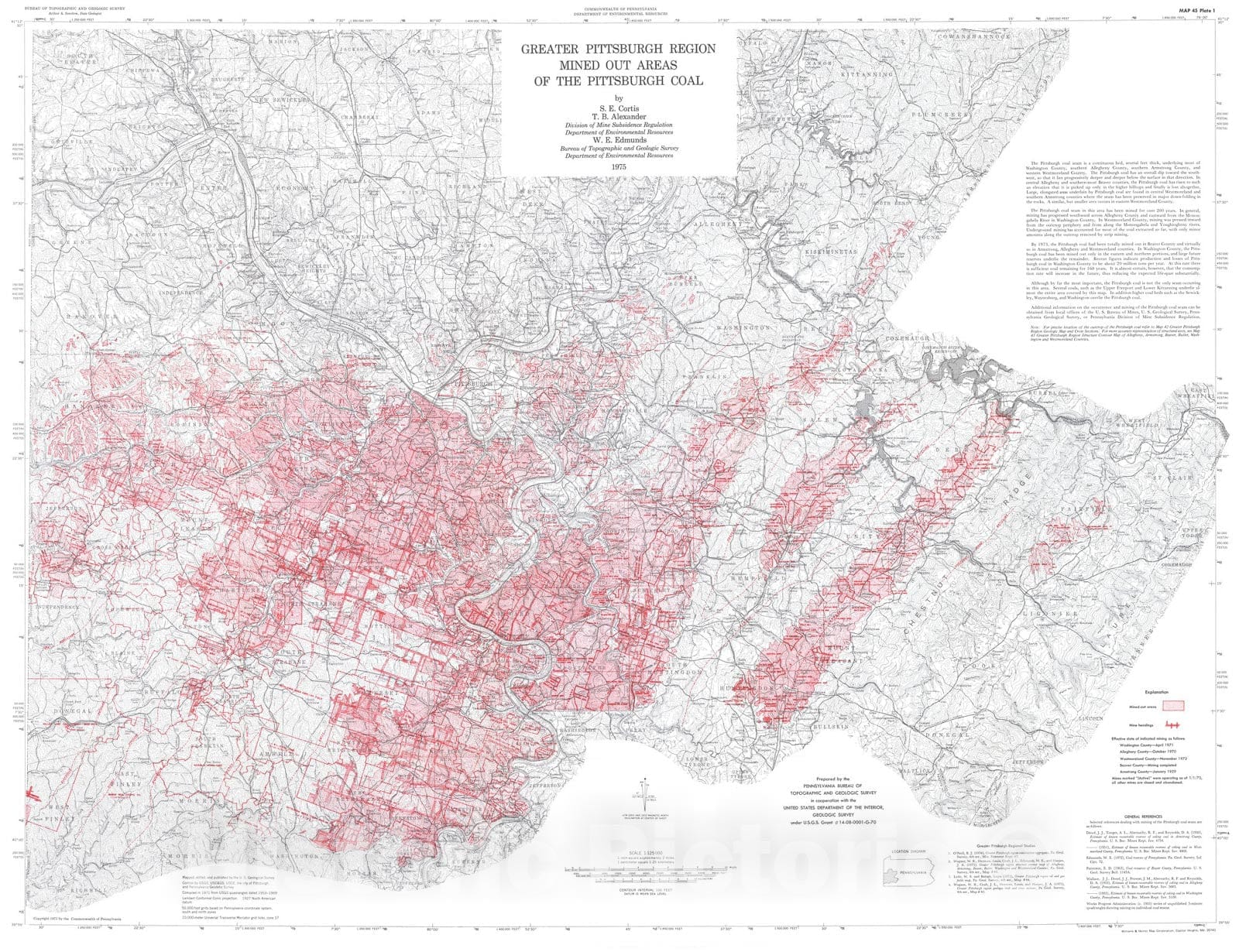 Map : Greater Pittsburgh region maps of mined-out areas and thickness of rock over the Pittsburgh coal, 1975 Cartography Wall Art :