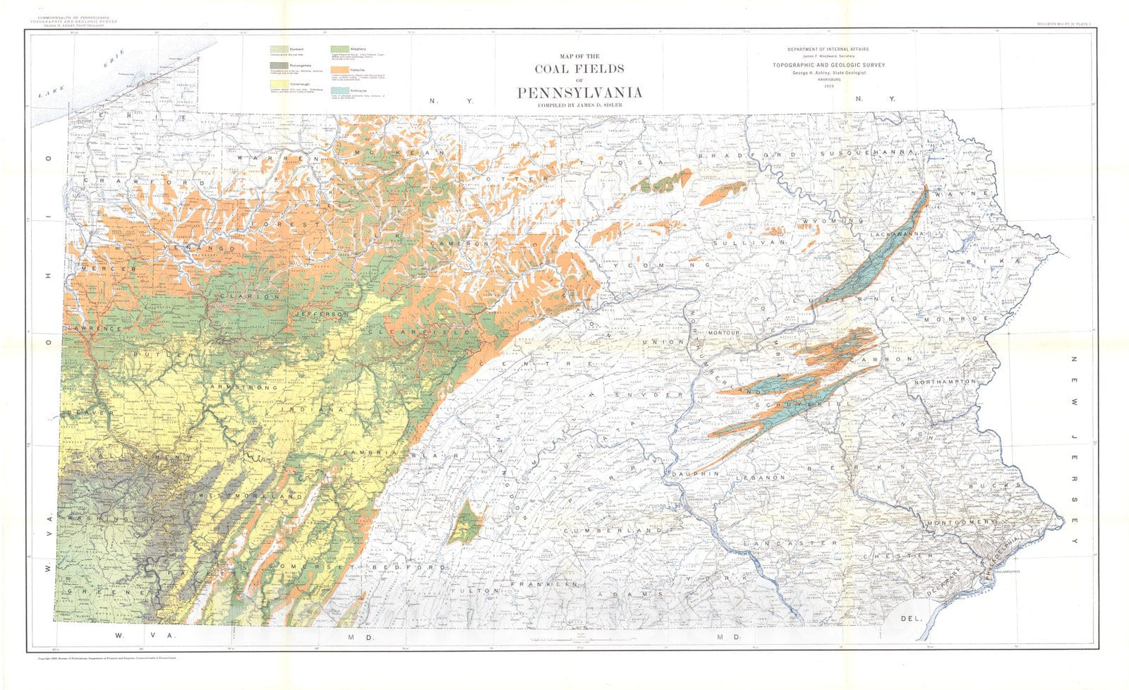 Map : Map of the coal fields of Pennsylvania, 1929 Cartography Wall Art :