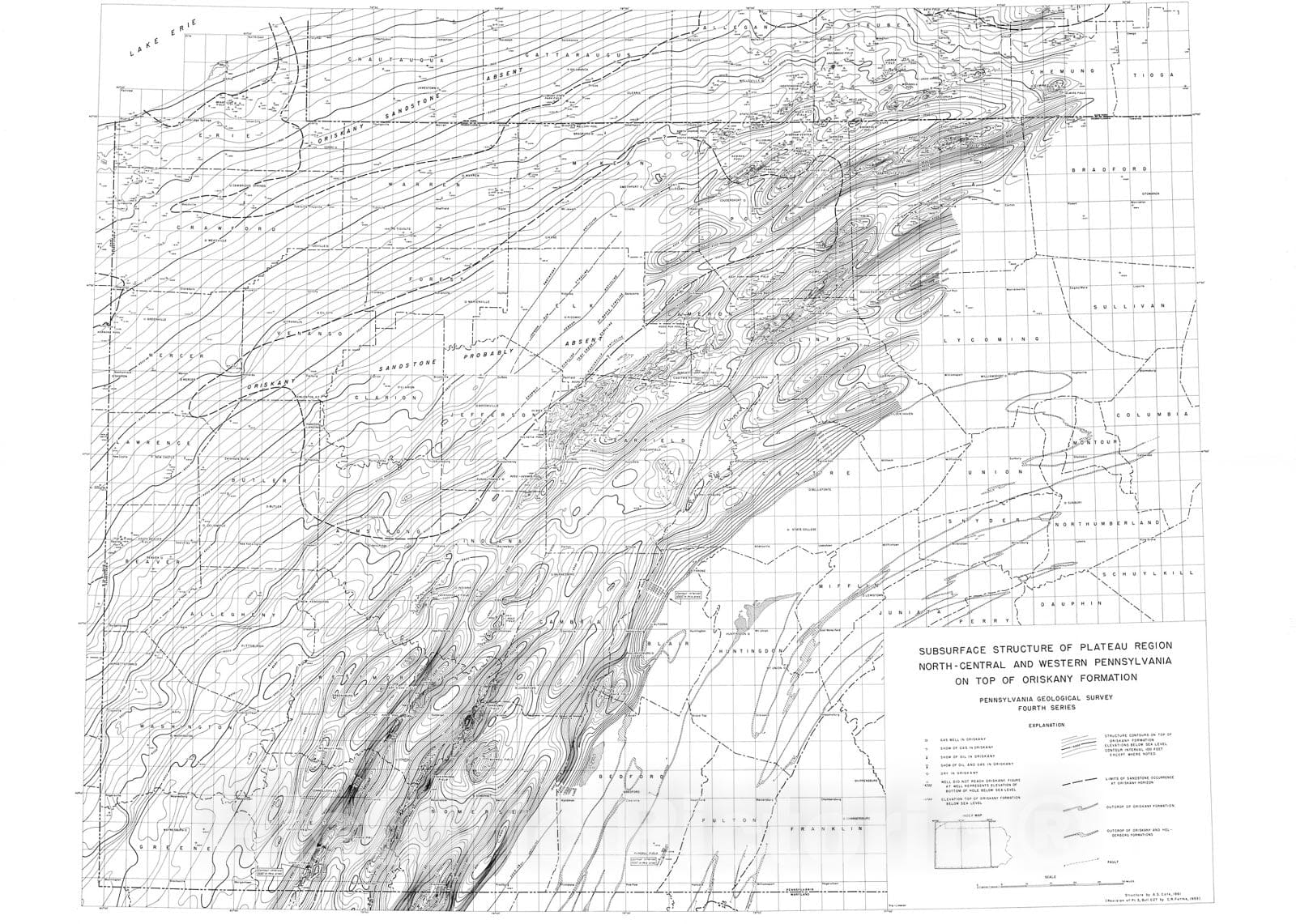 Map : Subsurface structure of the Plateau region of north-central and western Pennsylvania on top of the Oriskany Formation, 1962 Cartography Wall Art :