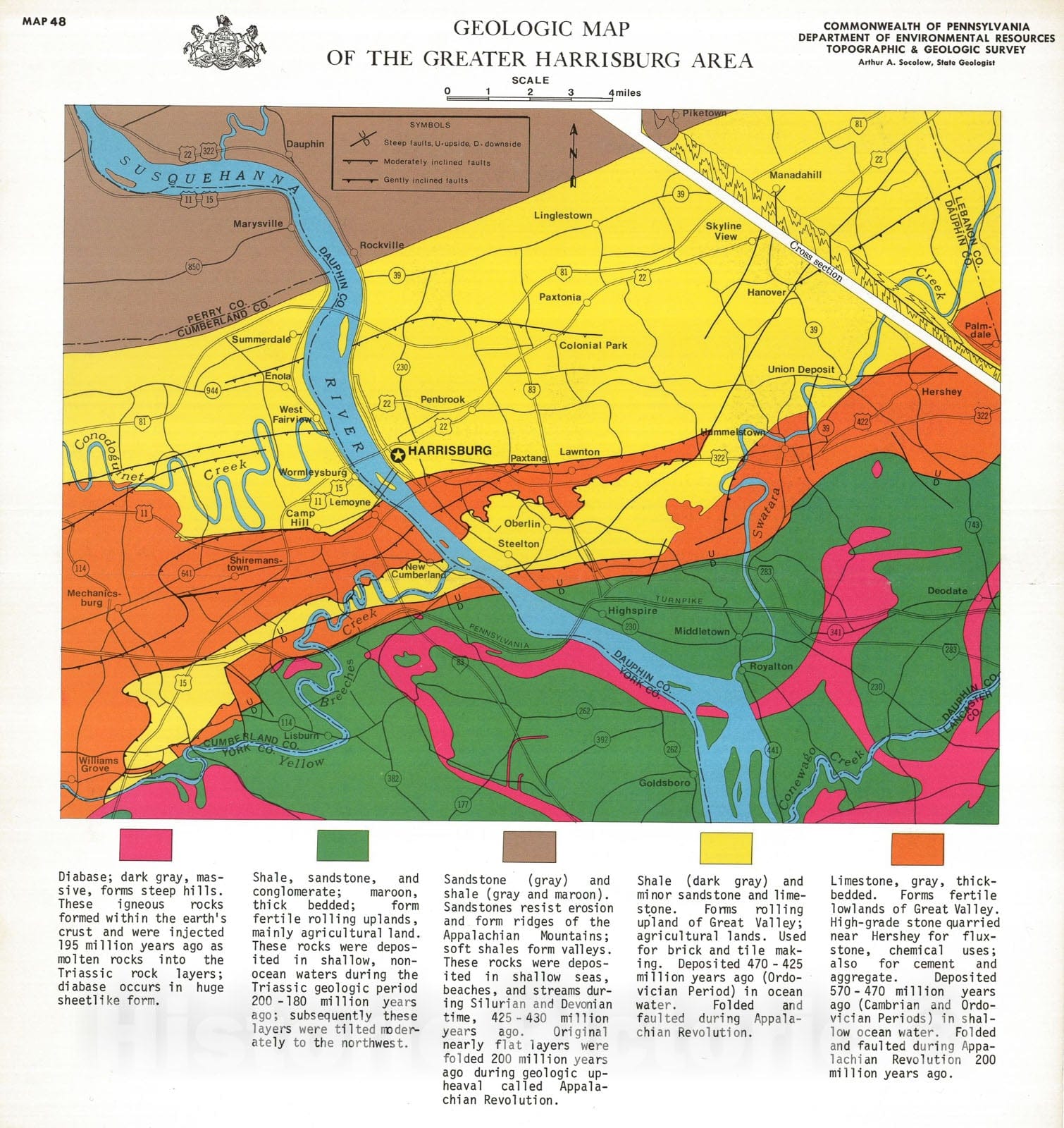Map : Geologic map of the greater Harrisburg area, 1975 Cartography Wall Art :