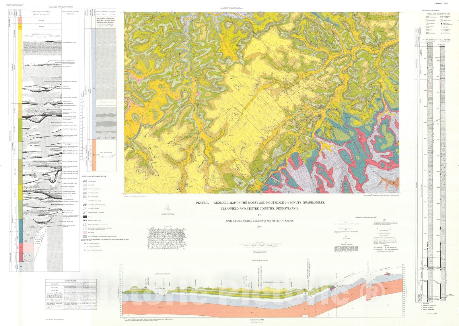 Map : Geology and mineral resources of the Ramey and Houtzdale quadrangles, Clearfield and Centre Counties, Pennsylvania, 1977 Cartography Wall Art :