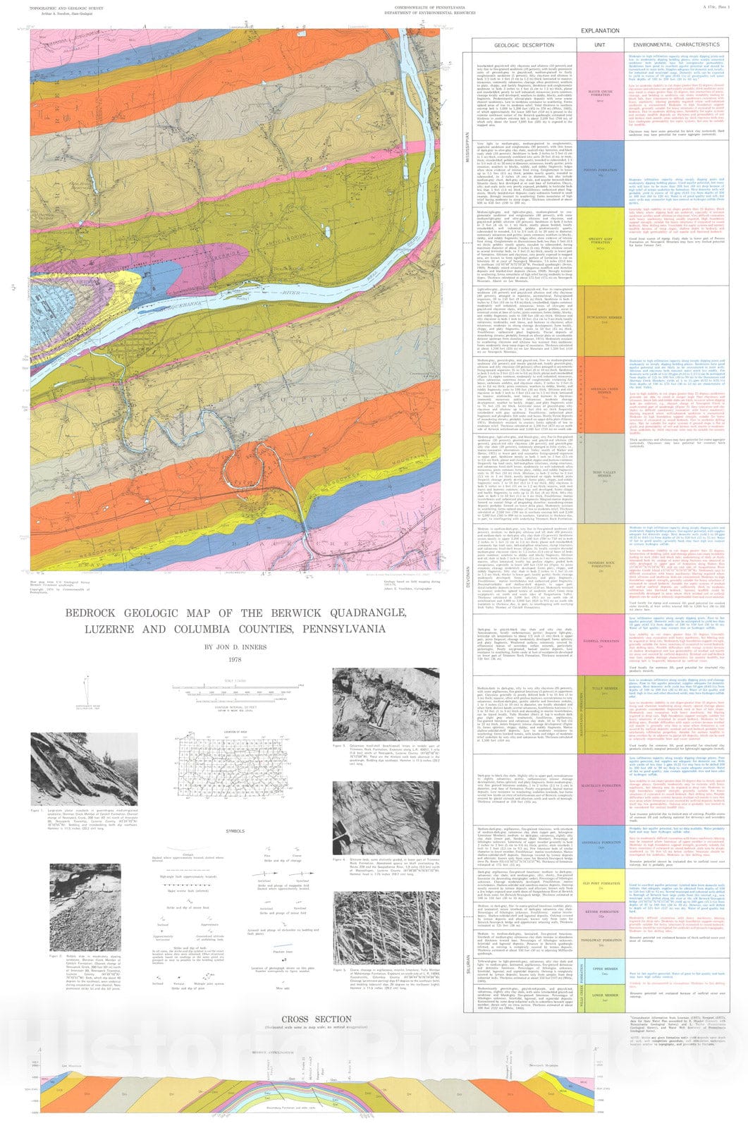 Map : Geology and mineral resources of the Berwick quadrangle, Luzerne and Columbia Counties, Pennsylvania, 1978 Cartography Wall Art :