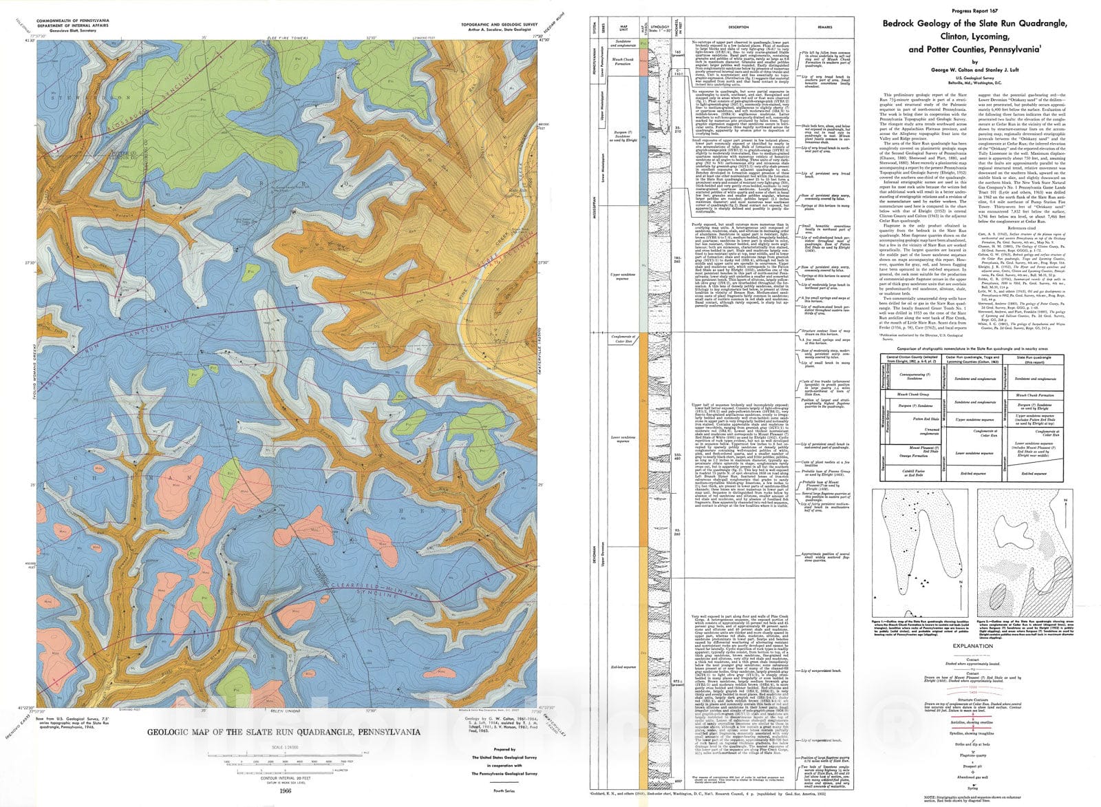 Map : Bedrock geology of the Slate Run quadrangle, Clinton, Lycoming, and Potter Counties, Pennsylvania, 1965 Cartography Wall Art :