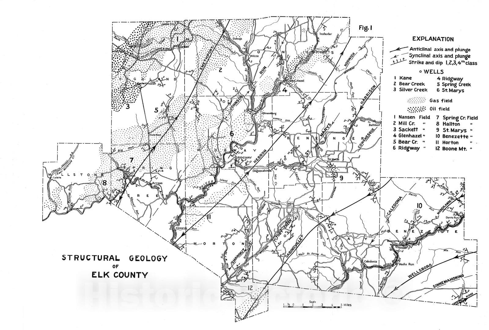 Map : The possible occurrence of gas in the Oriskany sand of Elk County, 1934 Cartography Wall Art :