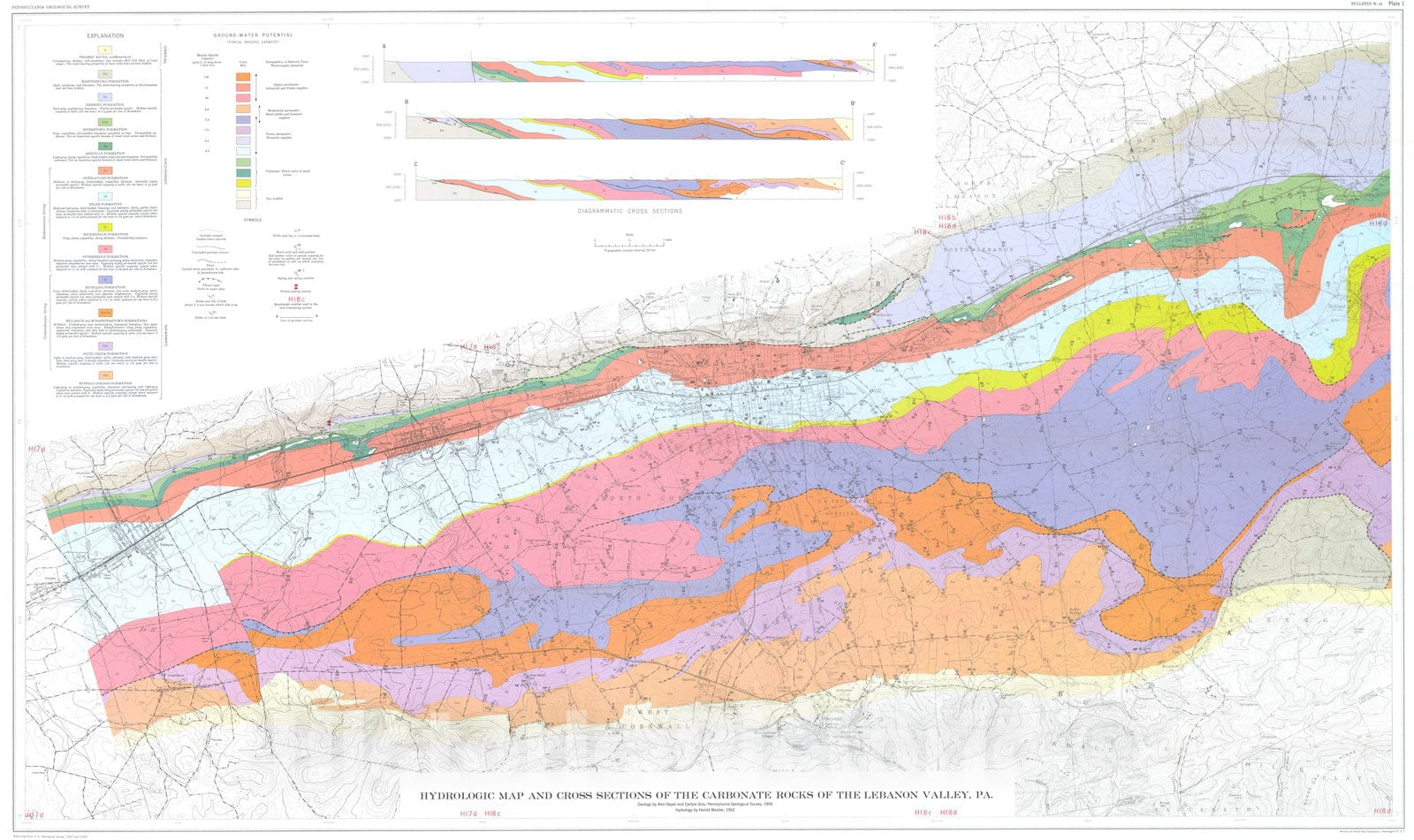 Map : Hydrogeology of the carbonate rocks of the Lebanon Valley, Pennsylvania, 1963 Cartography Wall Art :