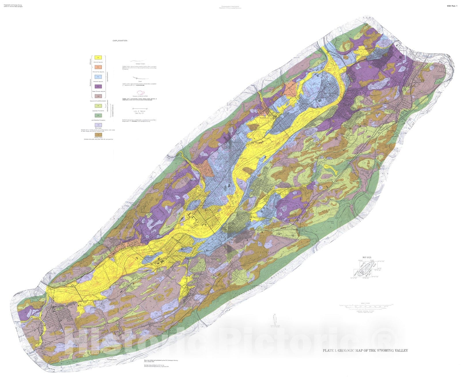 Map : Hydrology of the Pleistocene sediments in the Wyoming Valley, Luzerne County, Pennsylvania, 1971 Cartography Wall Art :