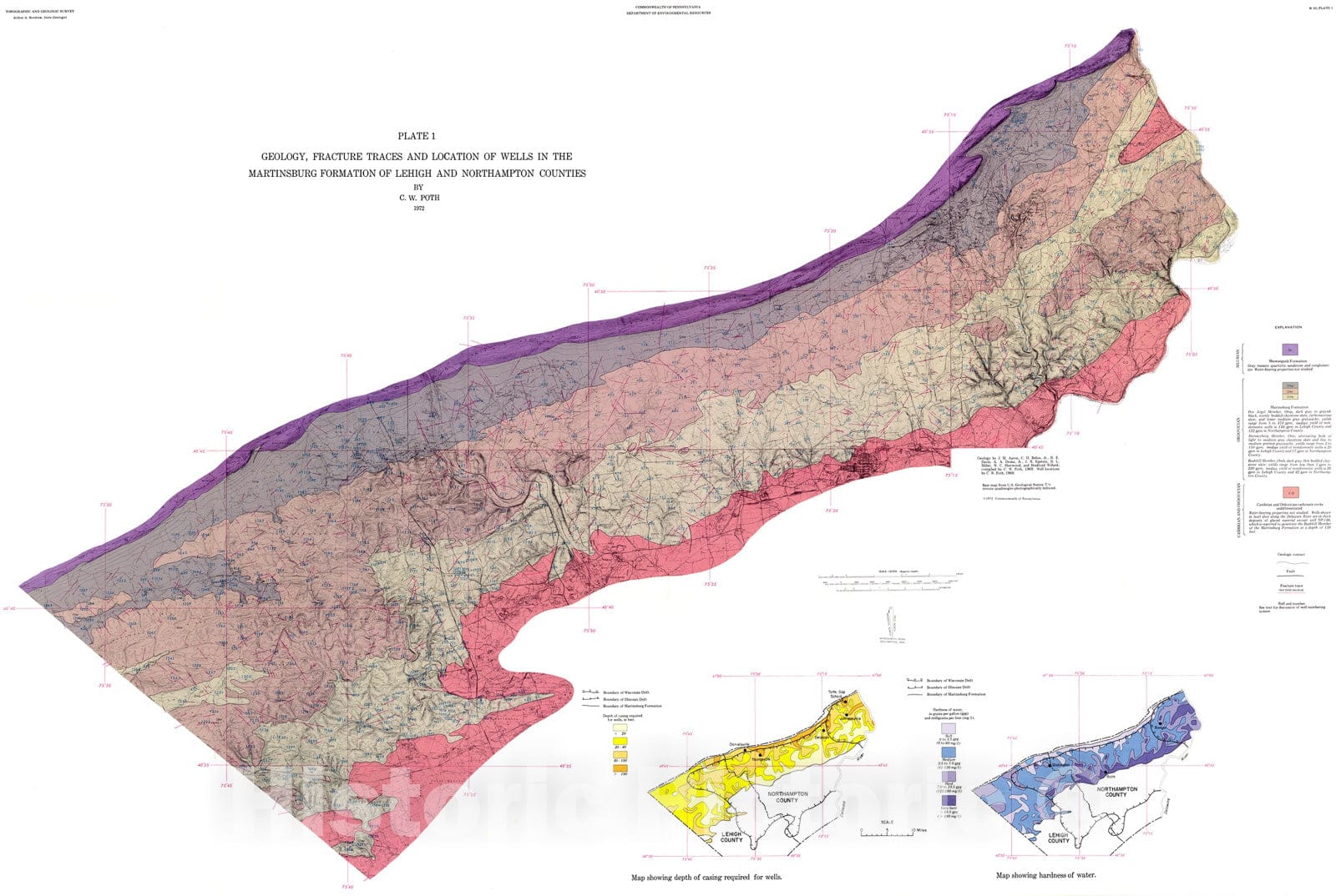 Map : Hydrology of the Martinsburg Formation in Lehigh and Northampton Counties, Pennsylvania, 1972 Cartography Wall Art :