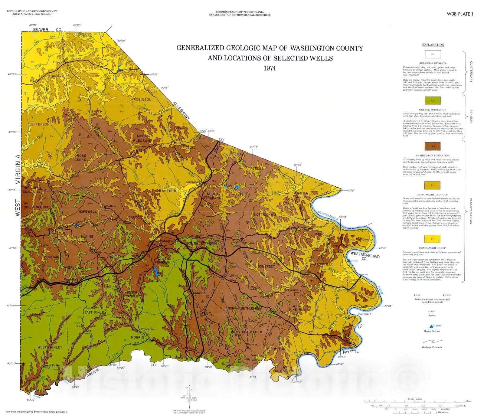 Map : Summary ground-water resources of Washington County, Pennsylvania, 1973 Cartography Wall Art :