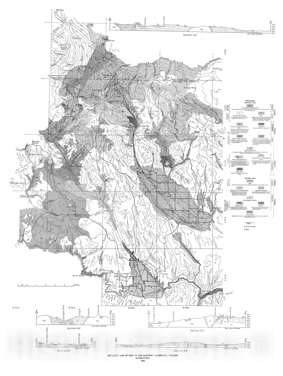 Map : The geology of part of the Wallowa Mountains, 1938 Cartography Wall Art :