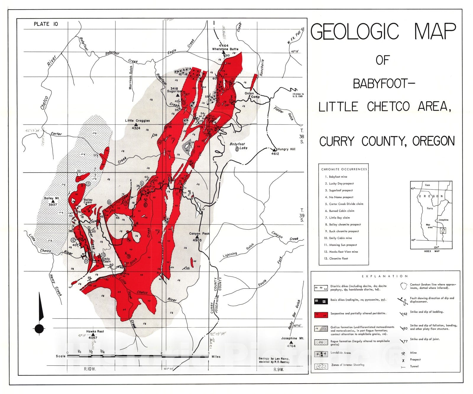 Map : Chromite in southwestern Oregon, plate 10, geologic map of Babyfoot-Chetco area, 1961 Cartography Wall Art :