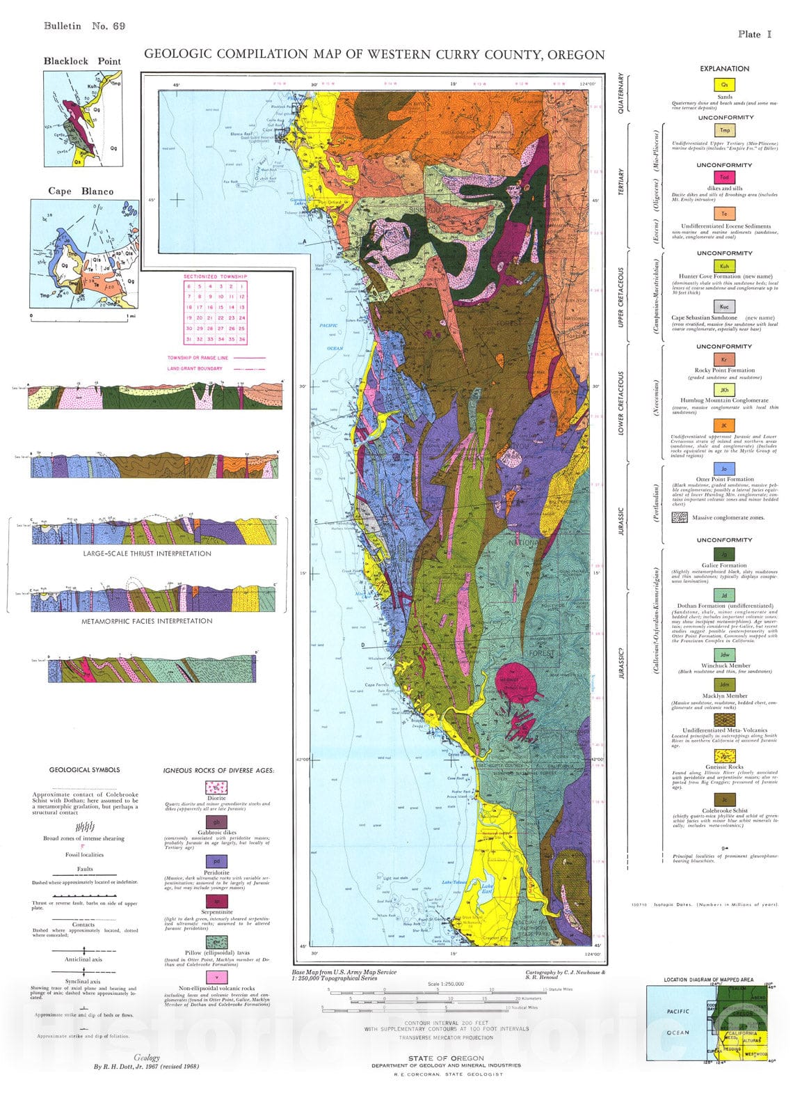 Map : Geology of the southwestern Oregon coast west of the 124th meridian, 1971 Cartography Wall Art :