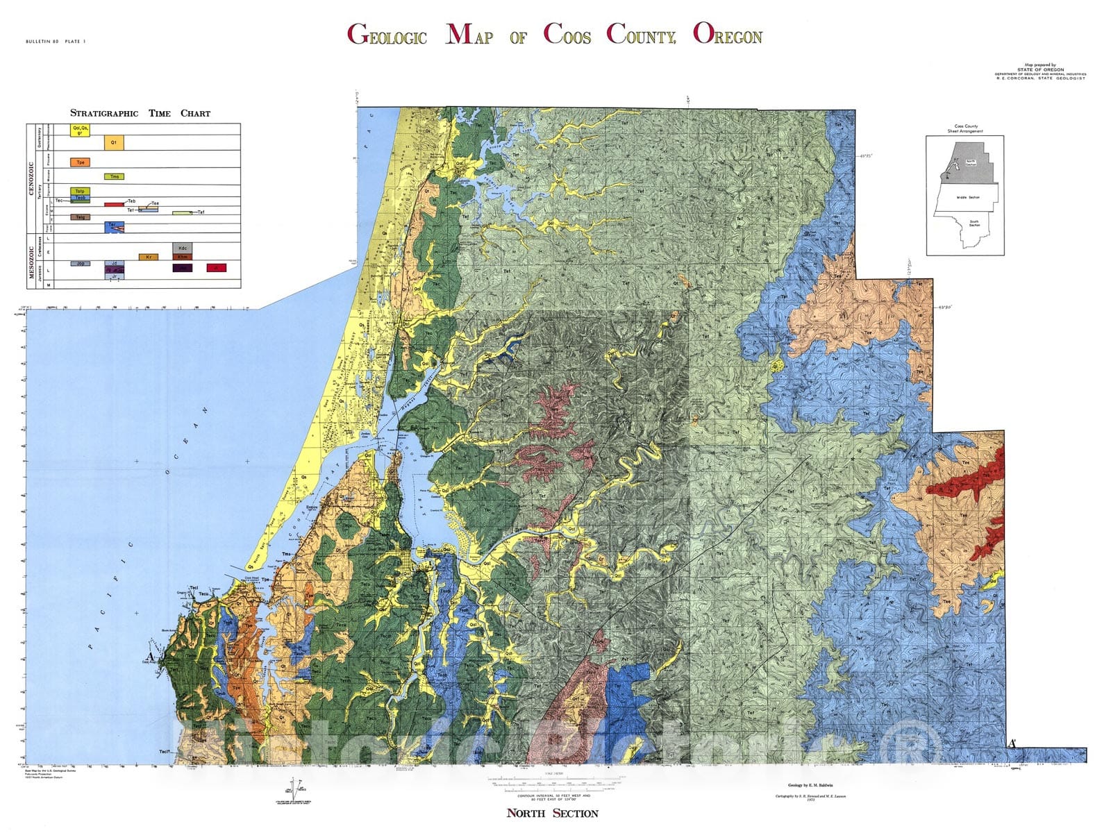 Map : Geology and mineral resources of Coos County, Oregon, 1973 Cartography Wall Art :