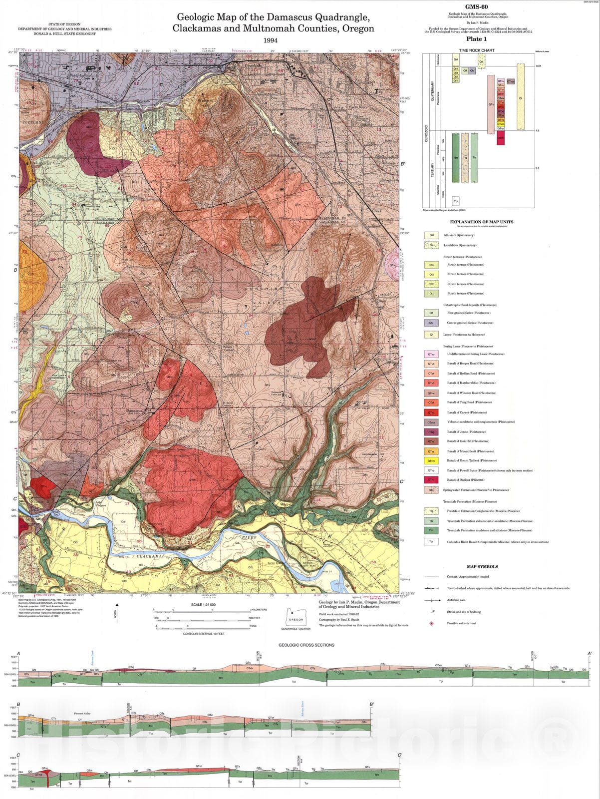 Map : Geologic map of the Damascus quadrangle, Clackamas and Multnomah Counties, Oregon, 1994 Cartography Wall Art :