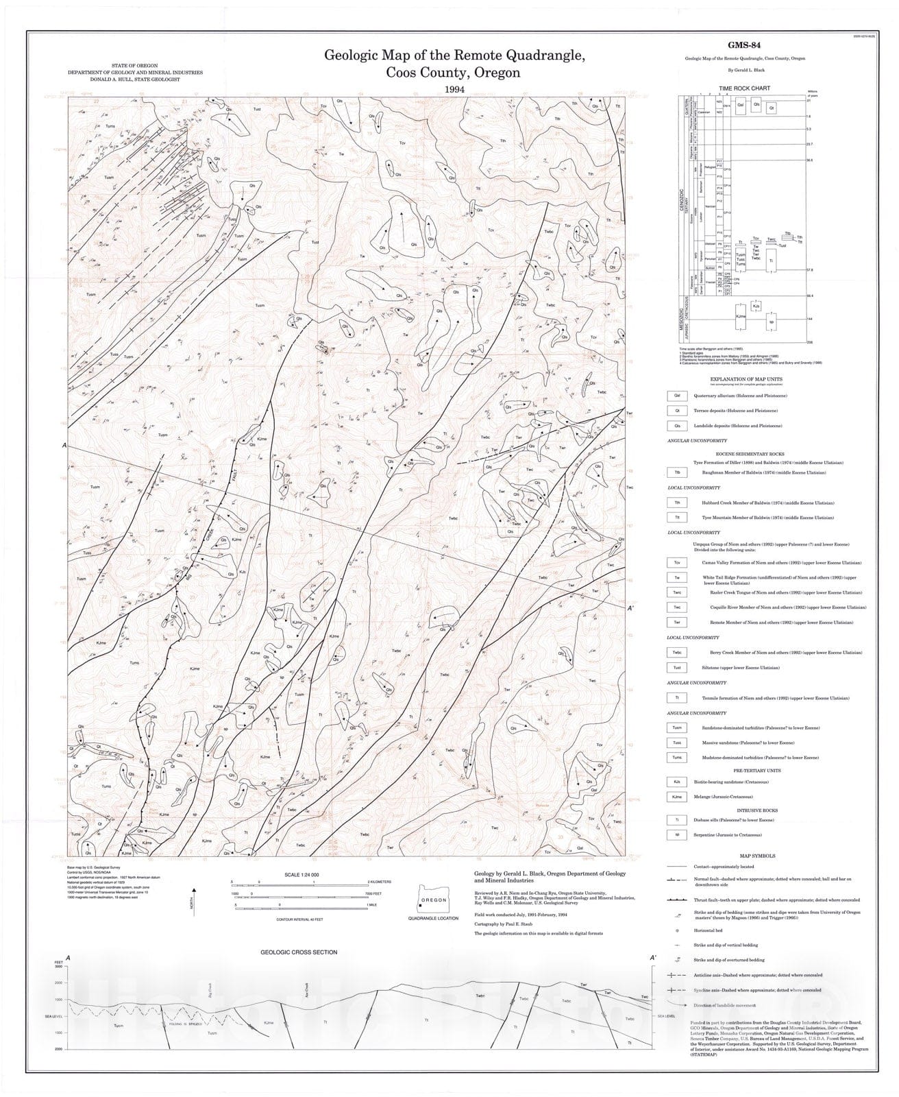 Map : Geologic map of the Remote quadrangle, Coos County, 1994 Cartography Wall Art :