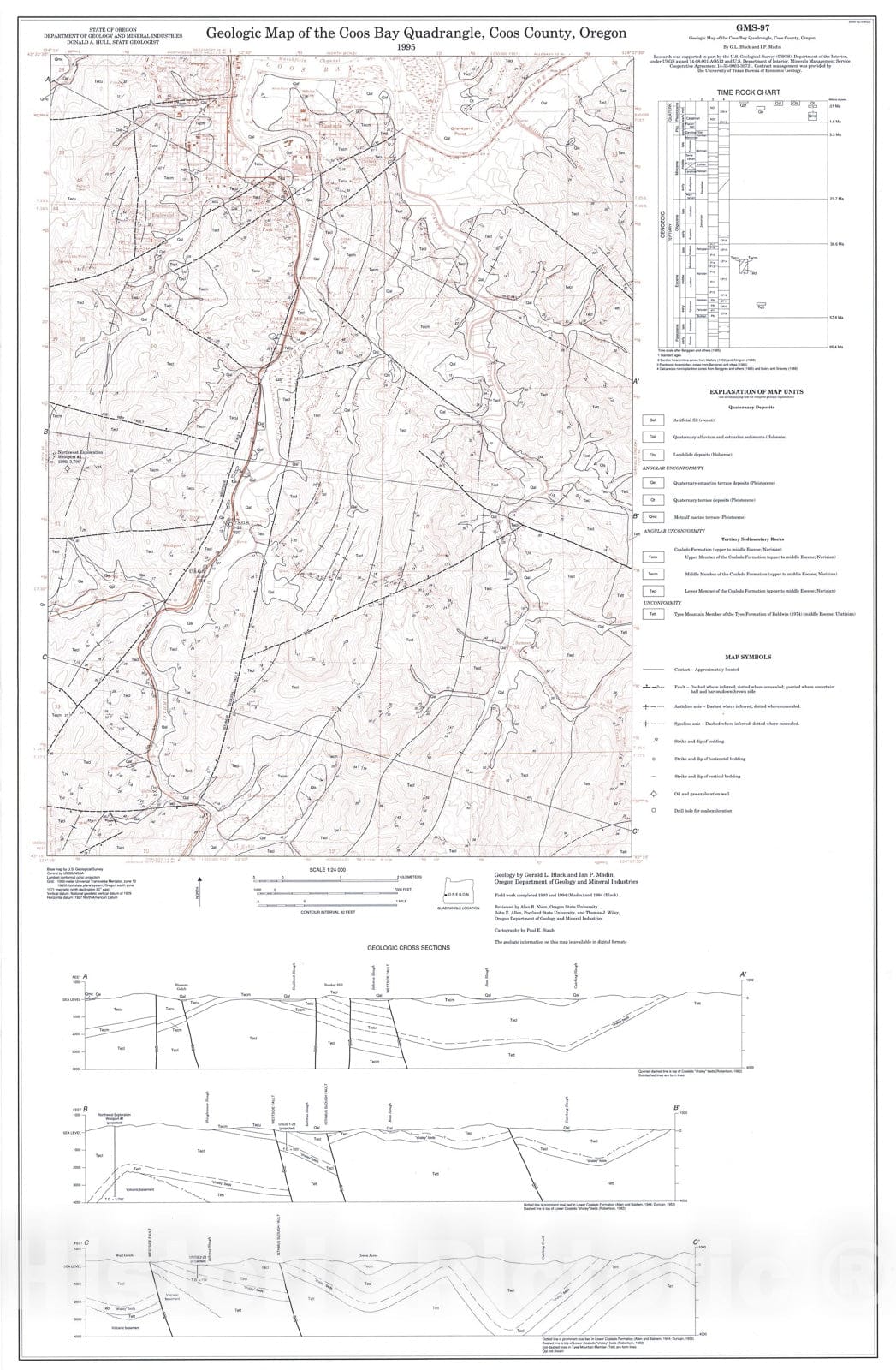 Map : Geologic map of the Coos Bay quadrangle, Coos County, 1995 Cartography Wall Art :