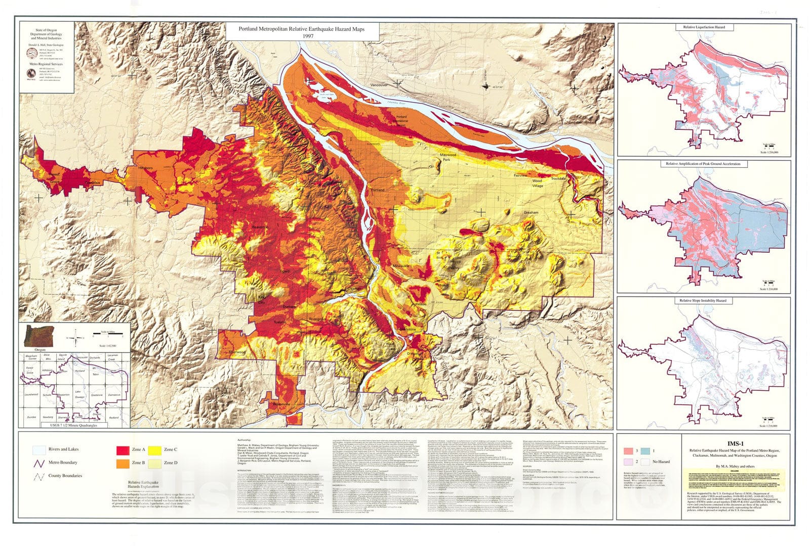 Map : Relative earthquake hazard map of the Portland metro region, Clackamas, Multnomah, and Washington Counties, 1997 Cartography Wall Art :