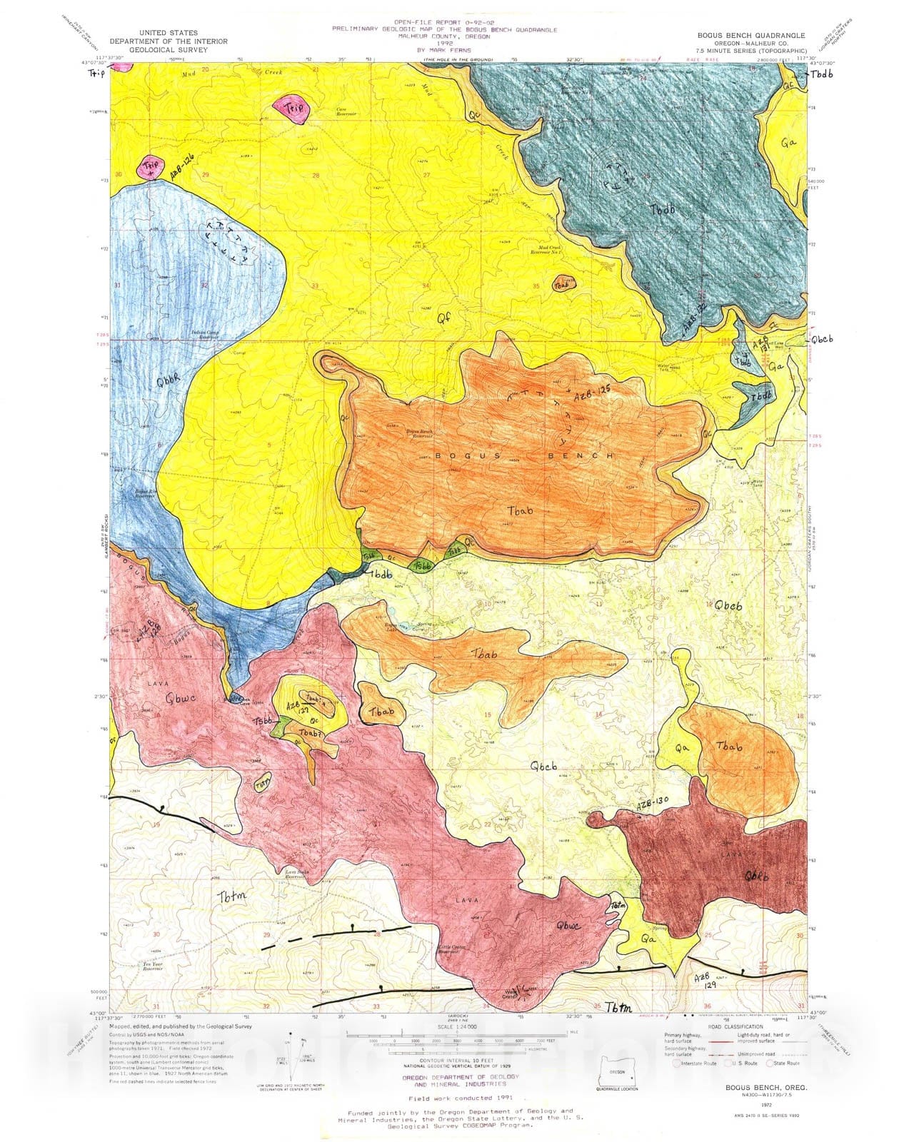 Map : Preliminary geologic map of the Bogus Bench quadrangle, Malheur County, 1992 Cartography Wall Art :