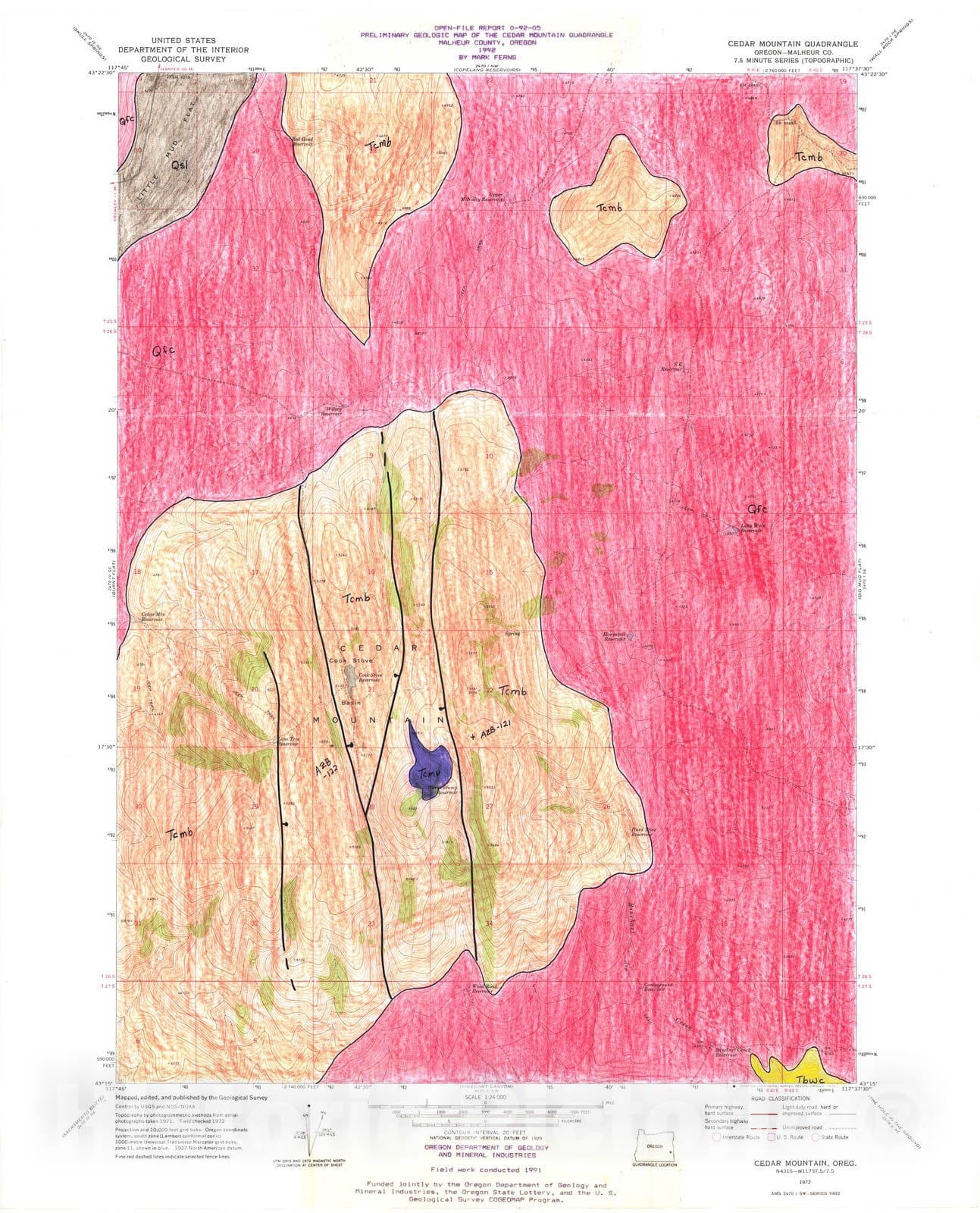 Map : Preliminary geologic map of the Cedar Mountain quadrangle, Malheur County, 1992 Cartography Wall Art :