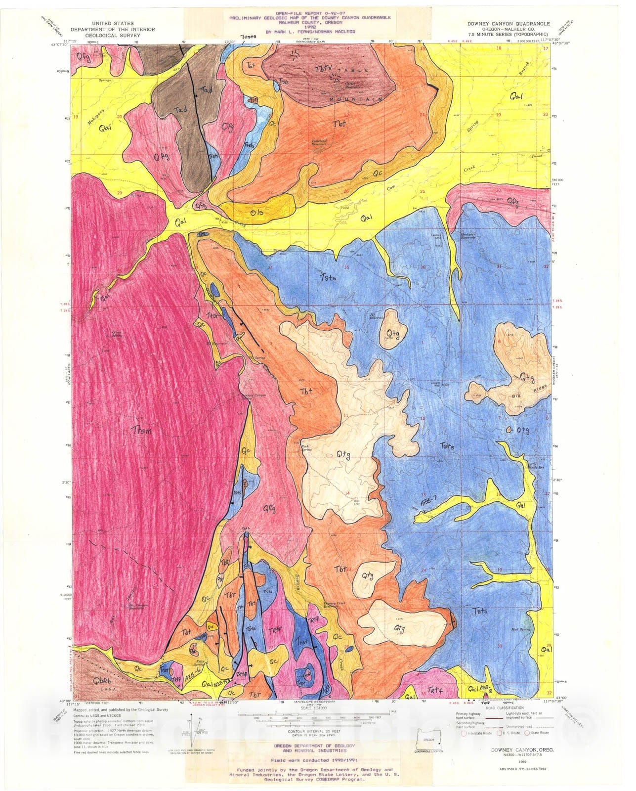Map : Preliminary geologic map of the Downey Canyon quadrangle, Malheur County, 1992 Cartography Wall Art :