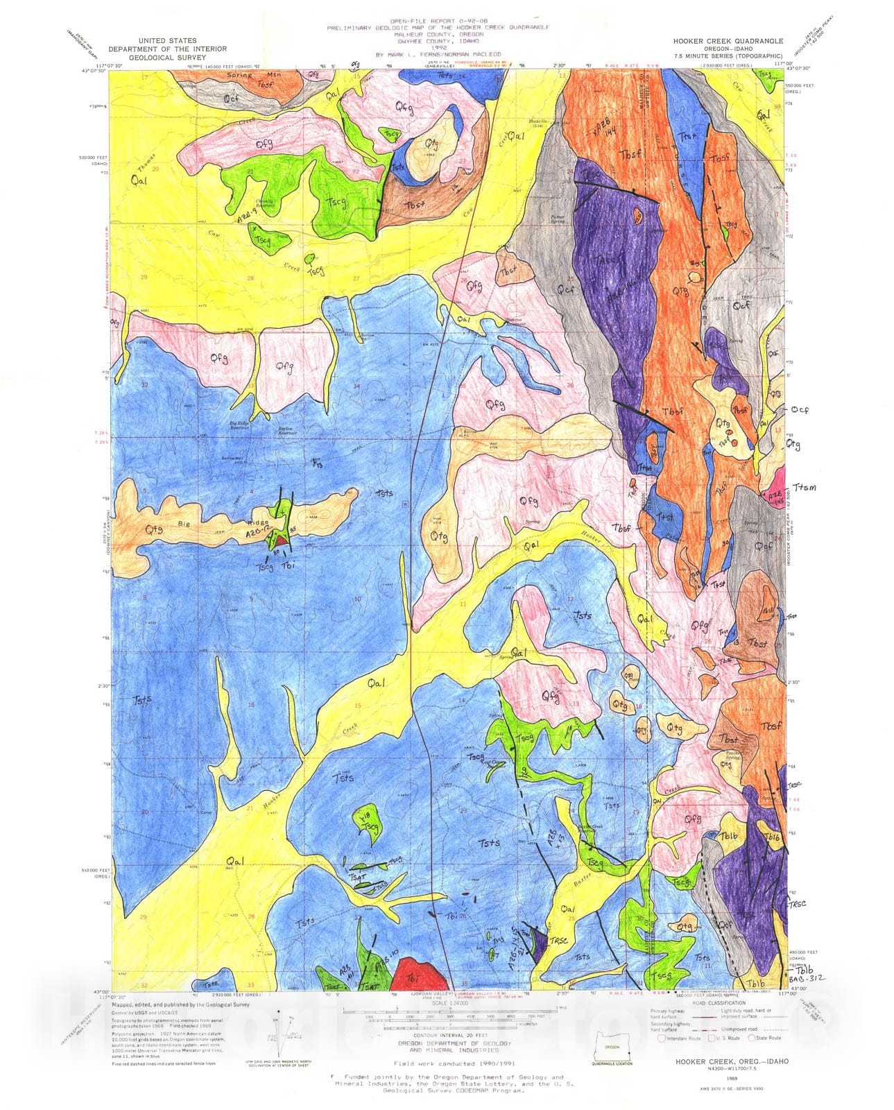 Map : Preliminary geologic map of the Hooker Creek quadrangle, Malheur County, 1992 Cartography Wall Art :