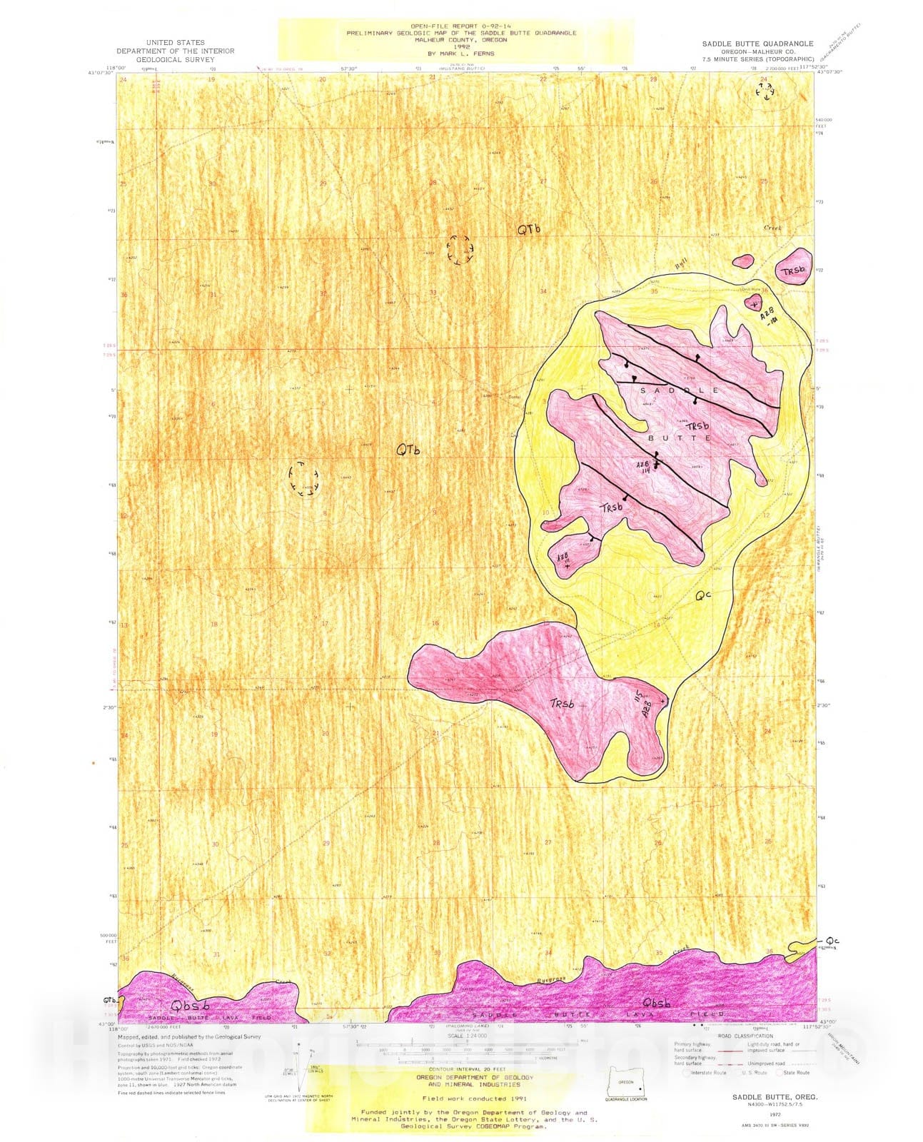 Map : Preliminary geologic map of the Saddle Butte quadrangle, Malheur County, 1992 Cartography Wall Art :