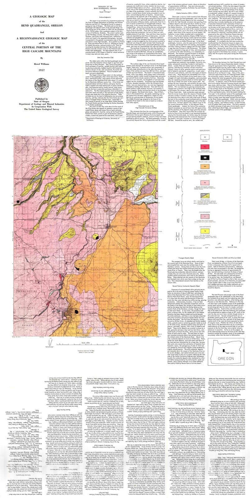 Map : Geologic map of the Bend [30'] quadrangle, and a reconnaissance geologic map of the central portion of the High Cascade mountains, 1957 Cartography Wall Art :