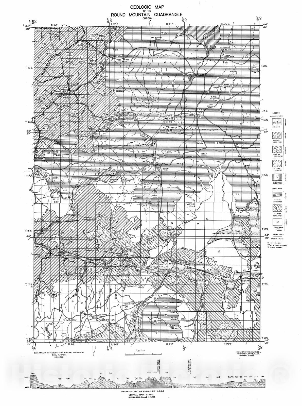 Map : Geologic map of the Round Mountain [30'] quadrangle, 1940 Cartography Wall Art :