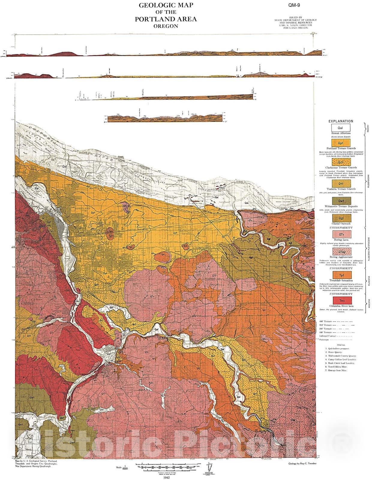 Map : Geologic map of the Portland area, 1942 Cartography Wall Art :