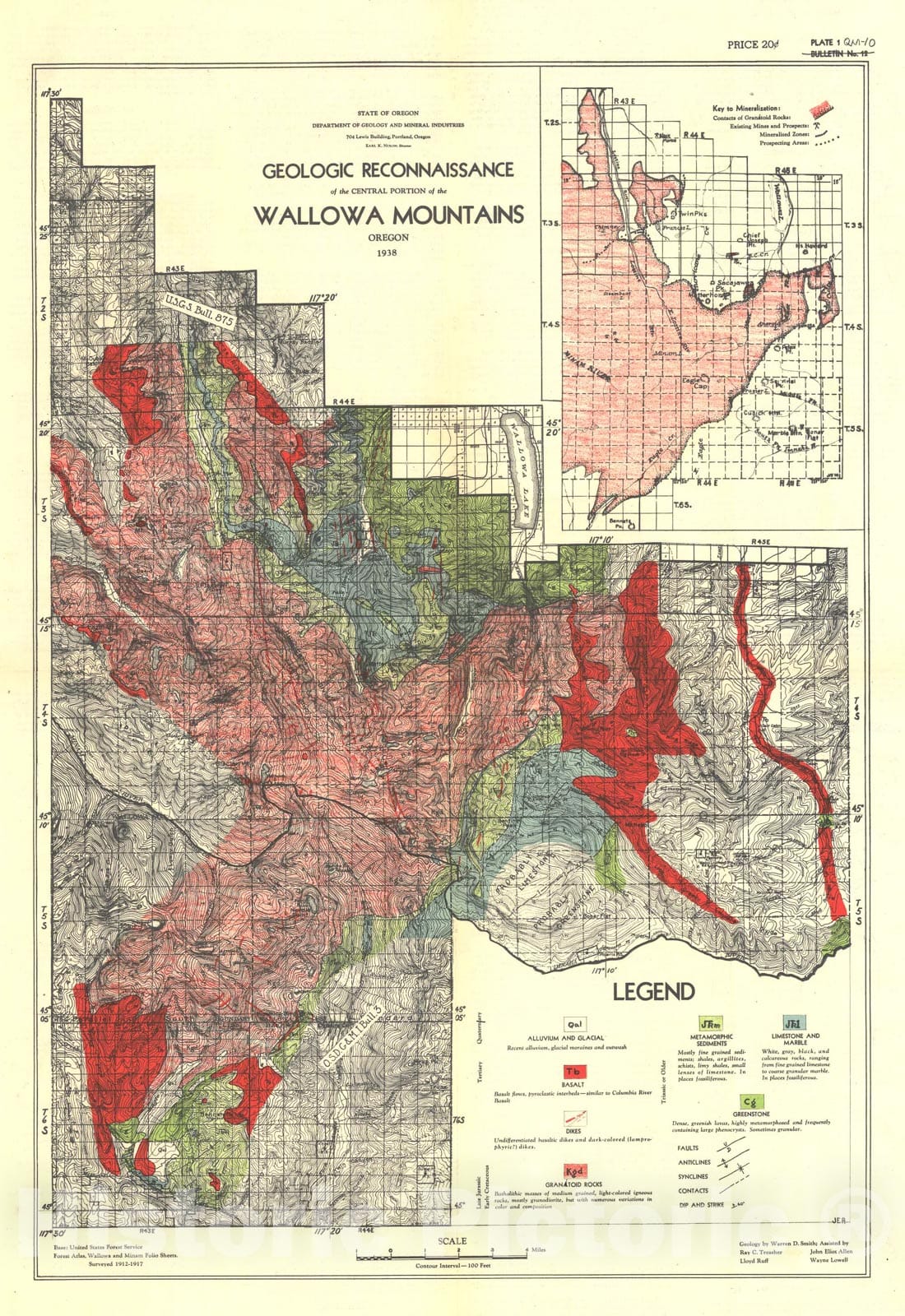Map : Geologic reconnaissance of the central portion of the Wallowa Mountains, 1938 Cartography Wall Art :