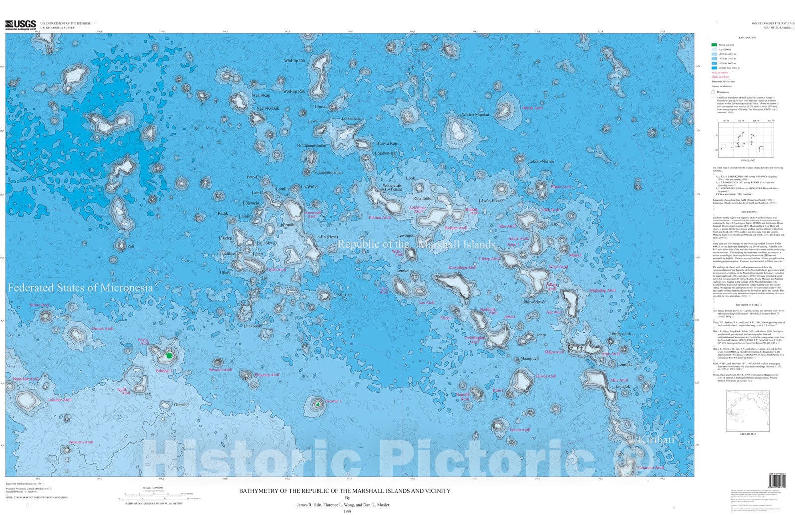 Map : Bathymetry of the Republic of the Marshall Islands and vicinity, 1999 Cartography Wall Art :