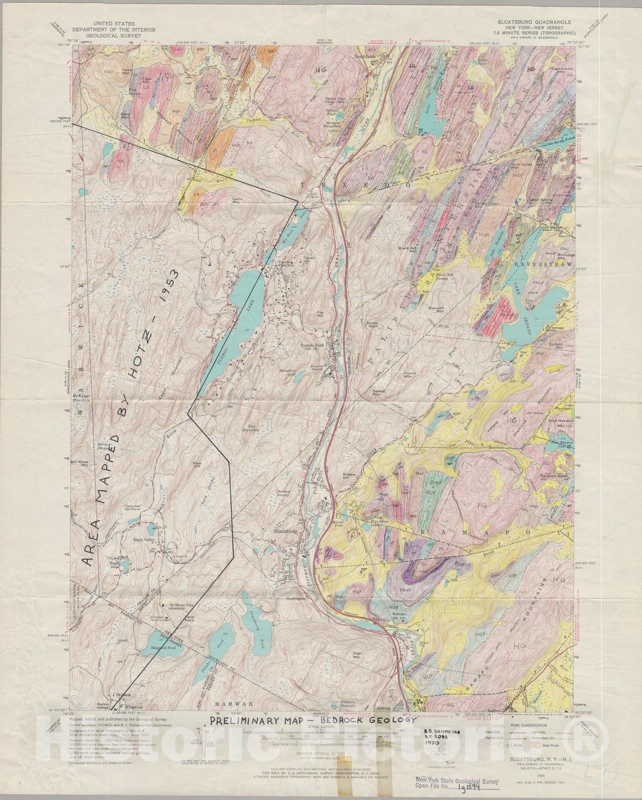Map : Preliminary Bedrock Map of the Sloatsburg 7.5 Minute Quadrangle., 1970 Cartography Wall Art :