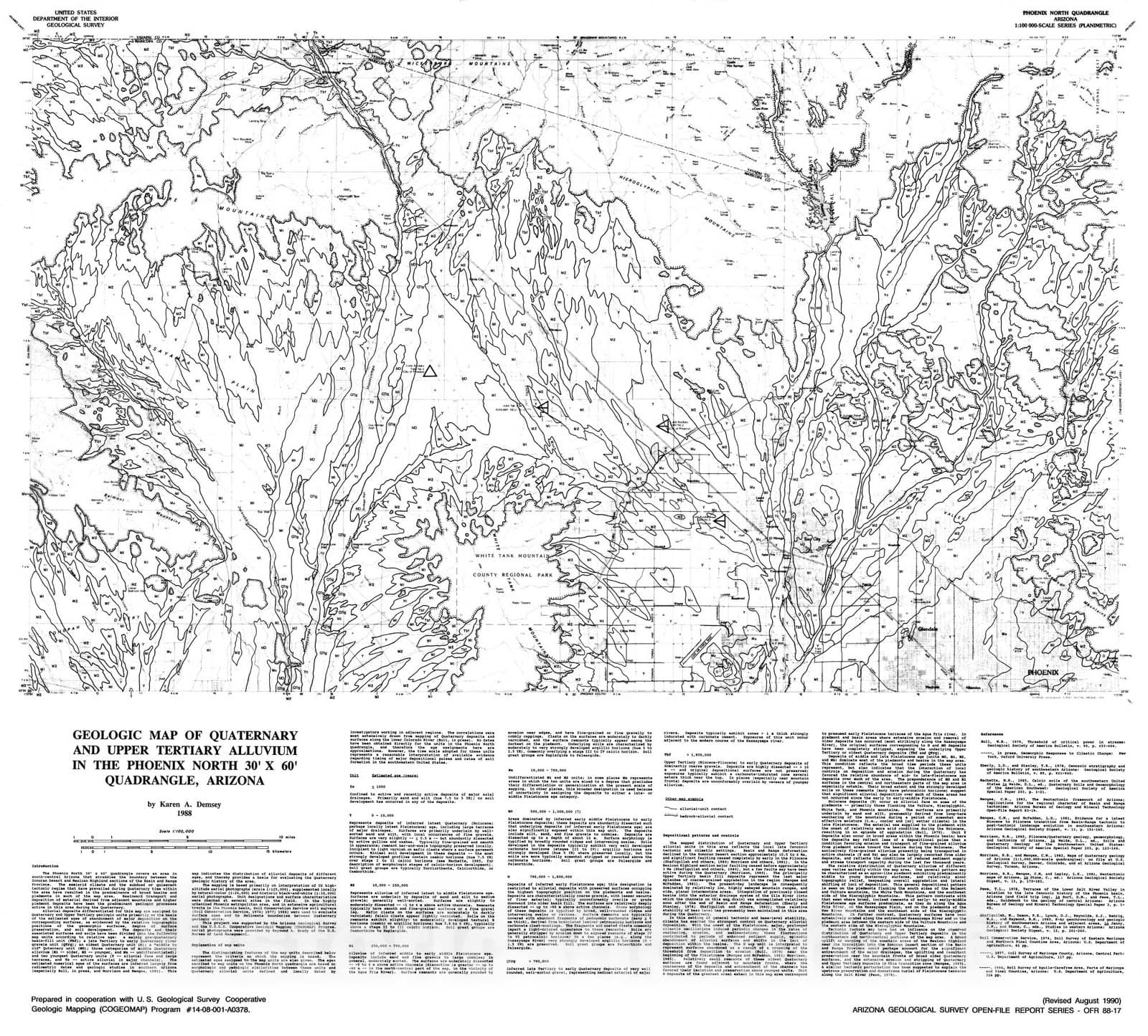 Map : Geologic map of Quaternary and upper Tertiary alluvium in the Phoenix North 30' x 60' quadrangle, Arizona (revised August 1990), 1988 Cartography Wall Art :