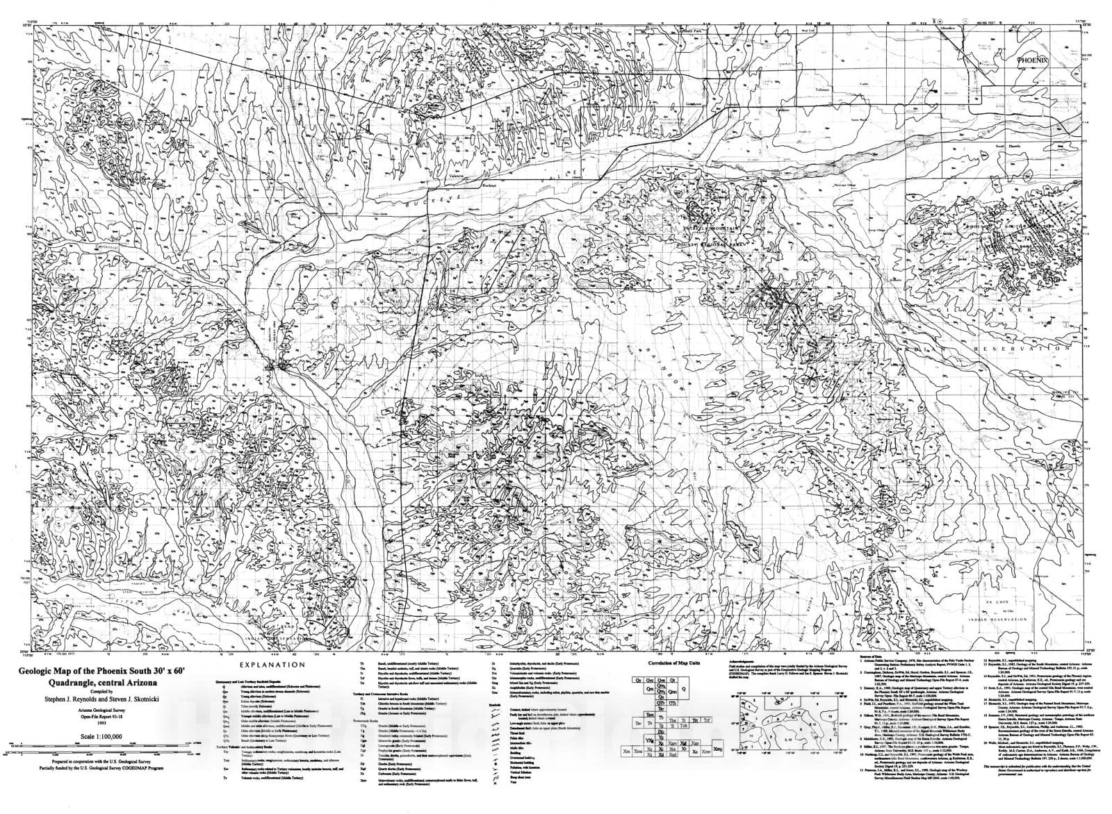 Map : Geologic map of the Phoenix South 30' x 60' quadrangle, central Arizona, 1993 Cartography Wall Art :
