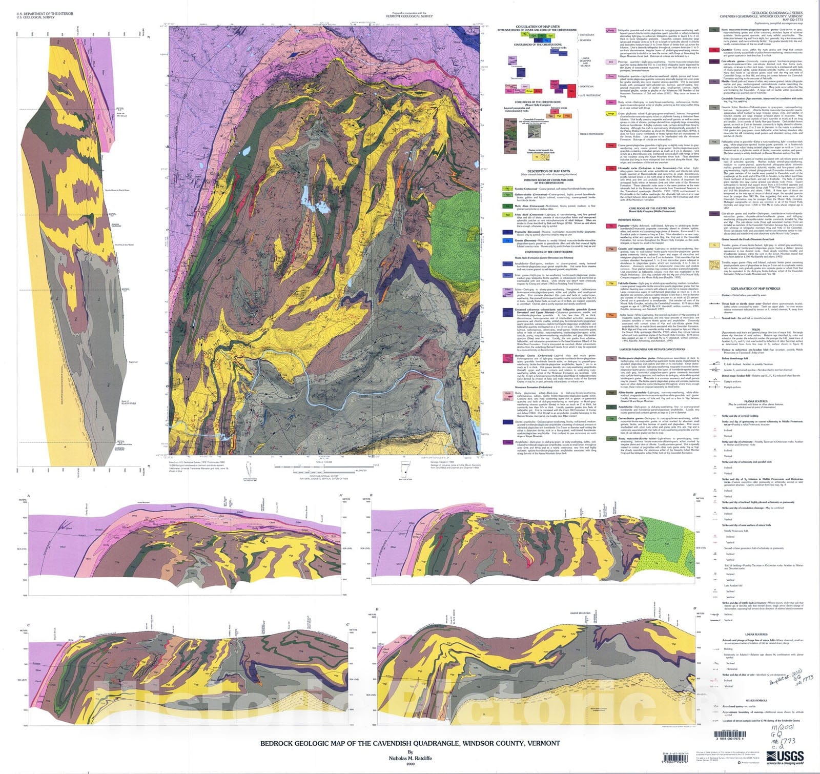 Map : Bedrock geologic map of the Cavendish quadrangle, Windsor County, Vermont, 2000 Cartography Wall Art :