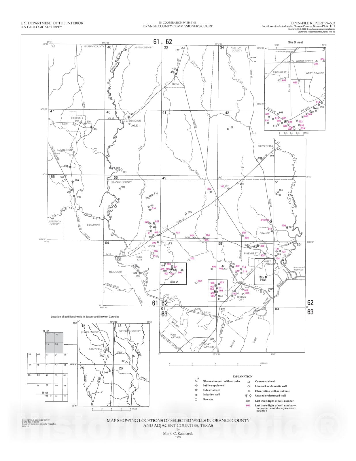 Map : Ground-water data in Orange County and adjacent counties, Texas, 1985-90, 1999 Cartography Wall Art :