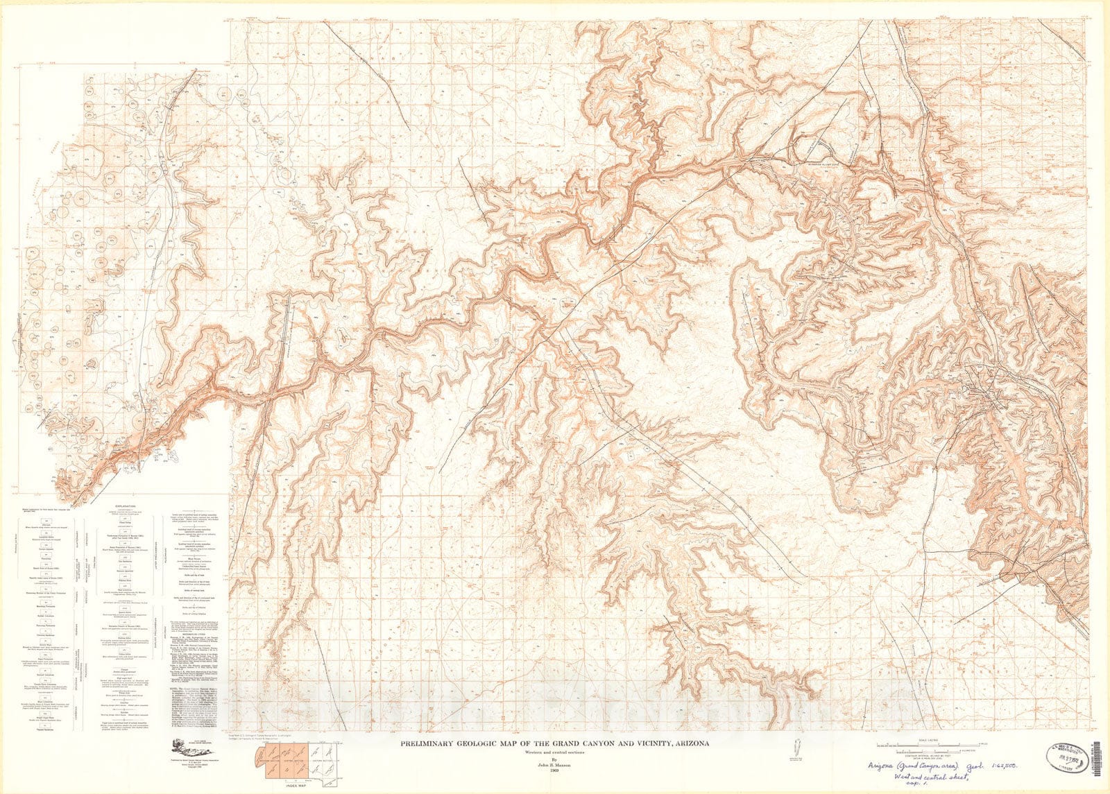 Map : Preliminary geologic map of the Grand Canyon and vicinity, Arizona; Western and central sections, 1969 Cartography Wall Art :